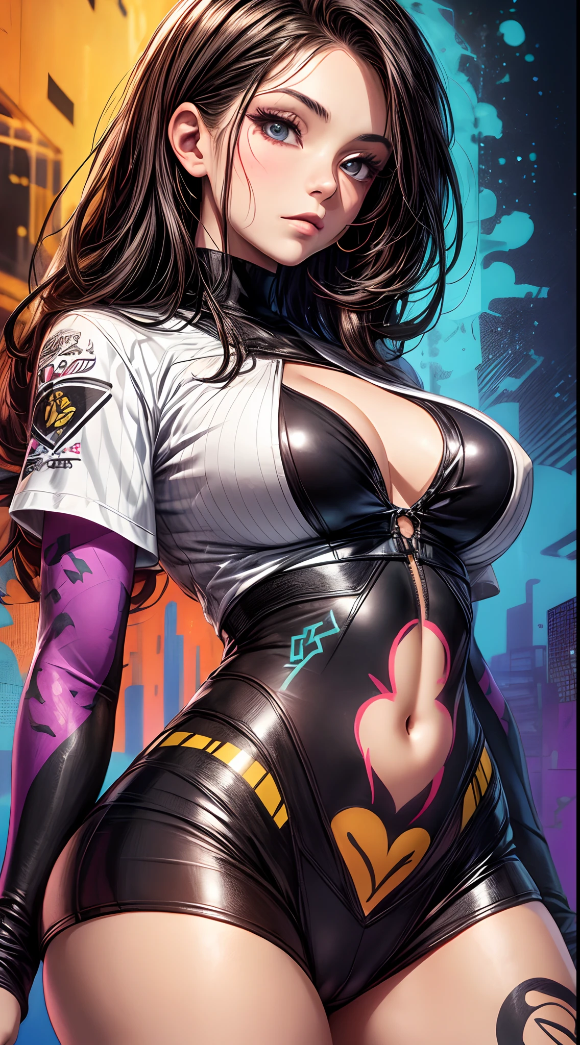 infp young woman, Beautiful big breasts:1.8, Front opening shirt, Body painting with pop designs drawn directly all over the body, heart shapes, Pop Art Design, Cutting-edge fashion, Innovative, The center of attention, tokyo prefecture, newyork, Special art design, pubick hair, cameltoe details, -motto, Background of the novel,A dark-haired