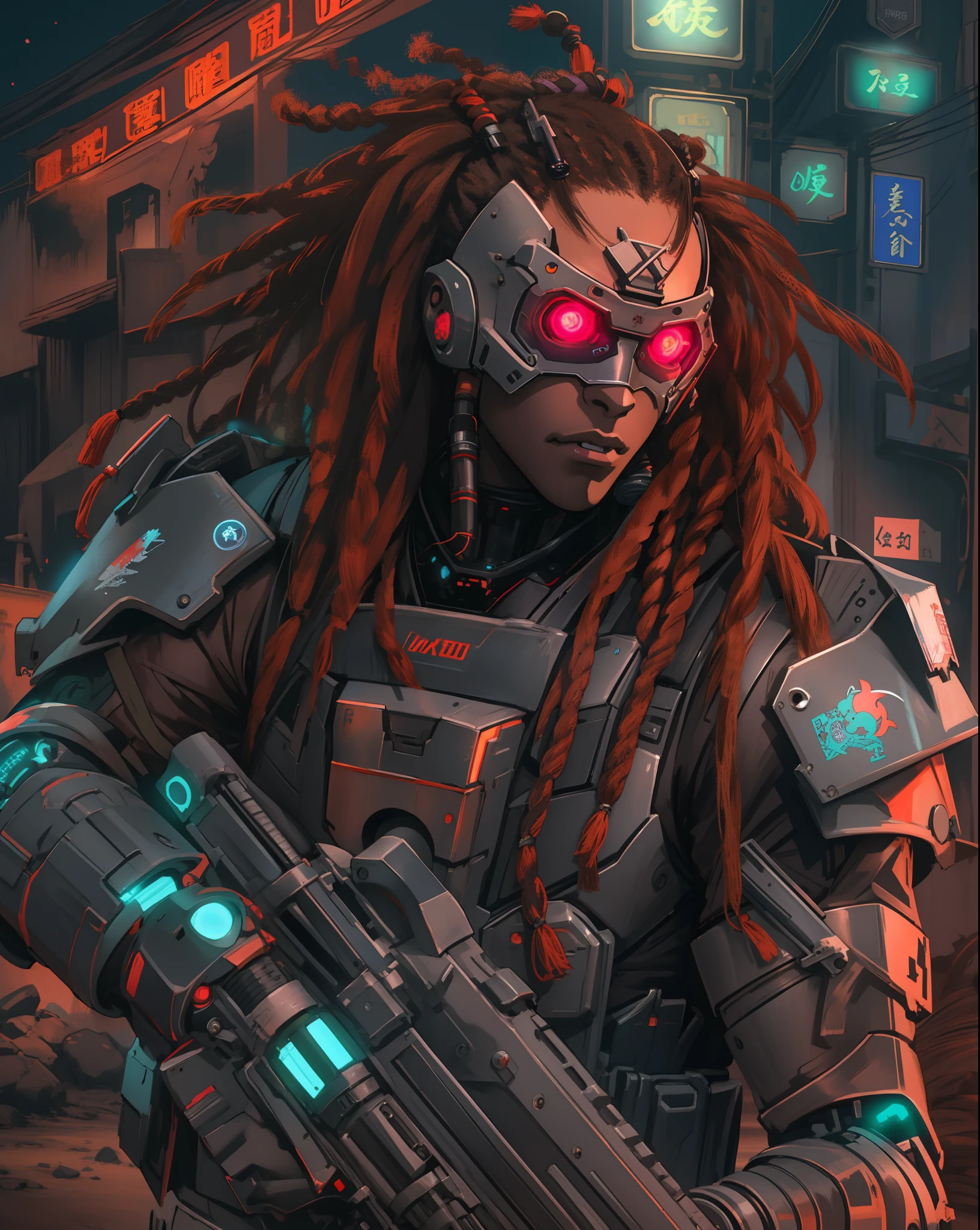 REALISTIC ANIME STYLE, JAPANESE ANIME, REAL ANIME, RAGE UNLEASHED, ANGRY, african american man cyborg soldier with dual samurai sword, red long dreadlocks, glowing neon X eyes, with shot gun on the side, heavy mecha armor, cybernetic, cyberpunk, colourful japanese stickers on armor, on planet venus, wasteland, apocalypse, baren venus planet, cinematic, volume lighting, REAL SKIN WRX62, REFLECTIVE SKIN MH66, VSGX62, REAL LIFE 5D PRO, NVDIA, AMD GRAPHICS, EPIC PORTRAIT, MOVIE STYLE DYNAMIC LIGHTING PRO, highly detailed, micro detail, intricate, 8K, hyper detailed, realistic render, unreal engine, hyperrealistic, lifelike, very coherent, fantasy, cinematic lighting, at night, epic composition, masterpiece, cinematic,