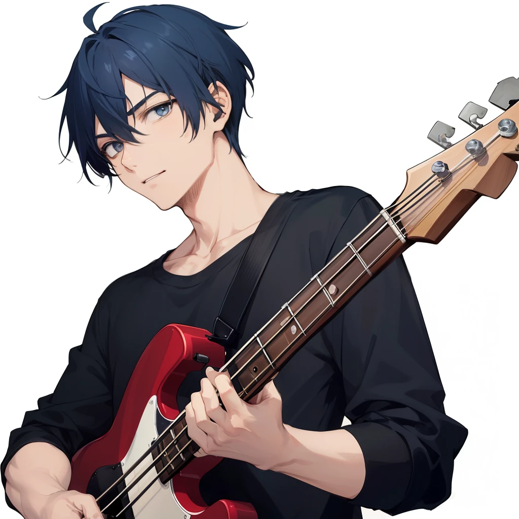 1 man, masculine、very short blue-haired、grey eyes、neutral expression, loose plain black t-shirt, holding a bass guitar