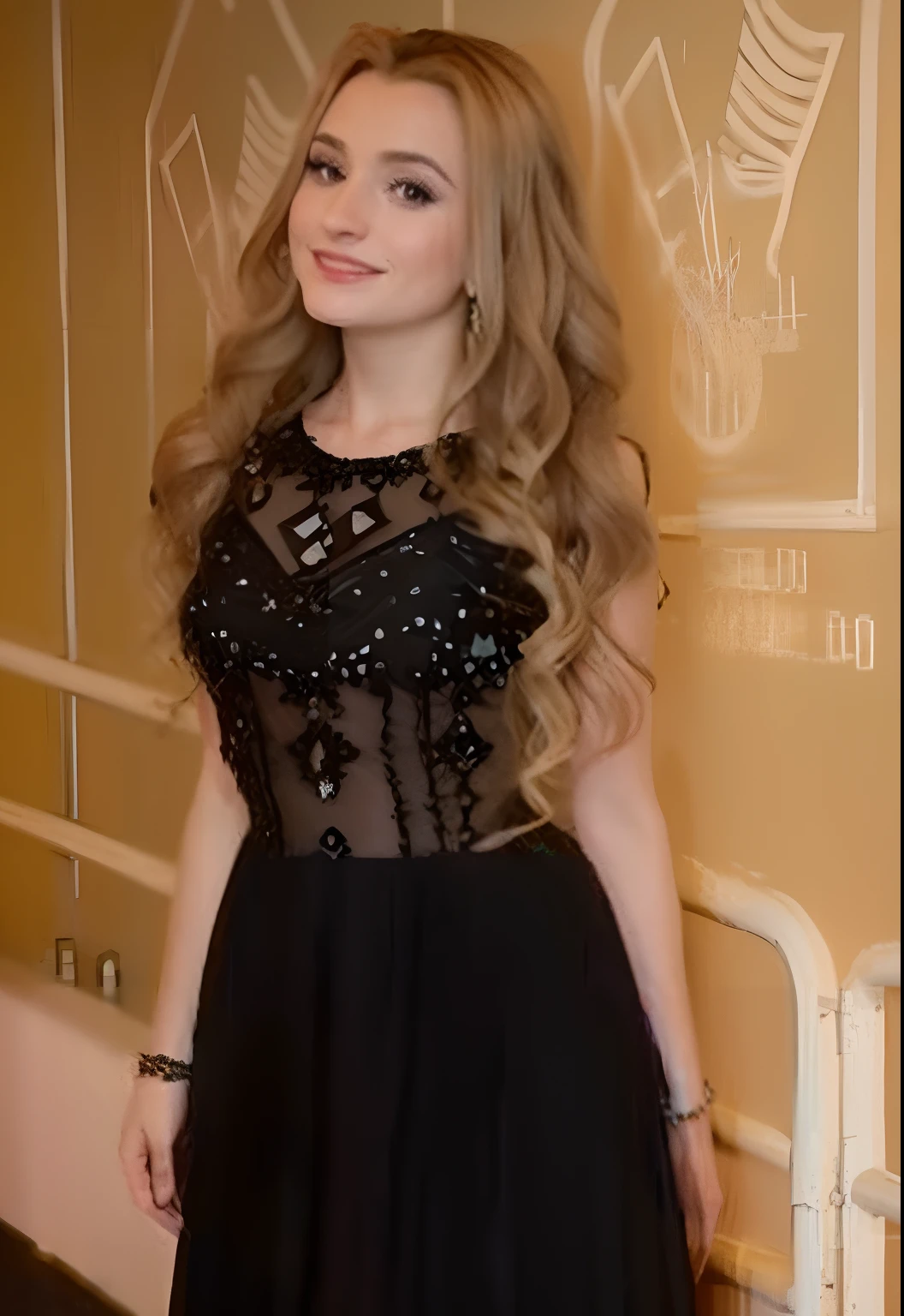 Arafed woman in a black dress standing in front of a wall, taken in the late 2010s, taken in the early 2020s, bonito muito jovem, por Hirosada II, com longos cabelos loiros, em um vestido, de Sophie Turner, usando um vestido feito de contas, by Amelia Peláez