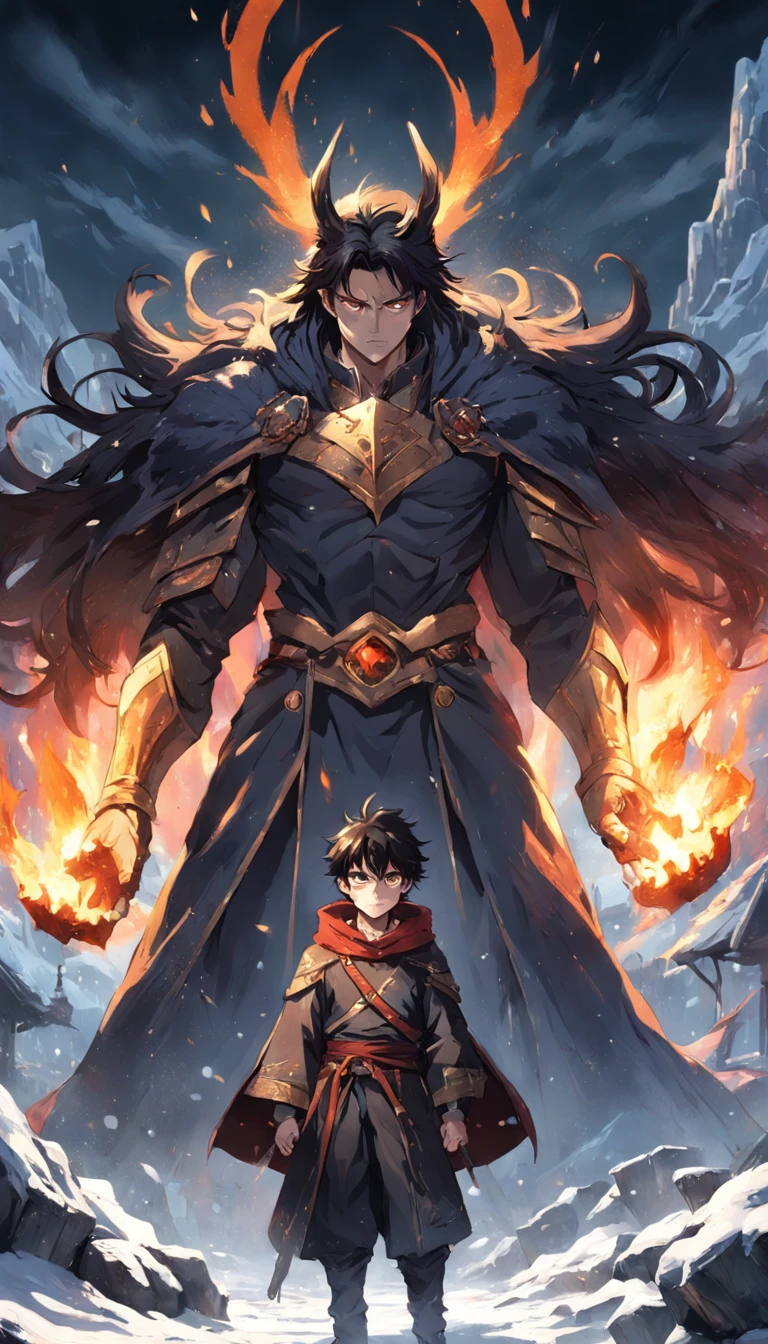 An epic scene where, in the middle of a destroyed and cold village, covered in dense snow, the protagonist, a young man with dark hair and glowing golden eyes, bruised by the confrontation, awakens the power of fire