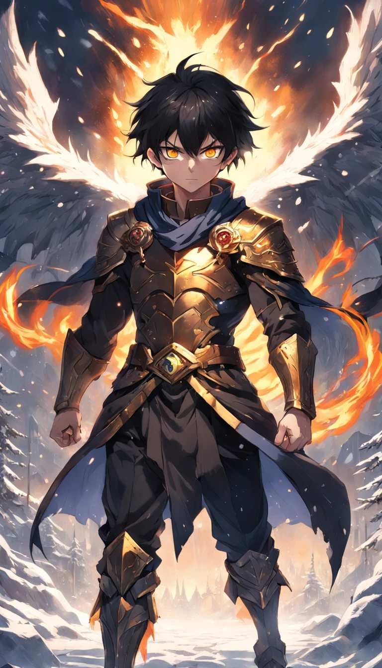An epic scene where, in the middle of a destroyed and cold village, covered in dense snow, the protagonist, a young man with dark hair and glowing golden eyes, bruised by the confrontation, awakens the power of fire