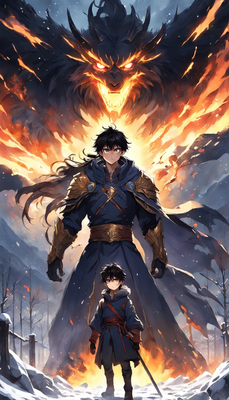An epic scene where, in the middle of a destroyed and cold village, covered in dense snow, the protagonist, a young man with dark hair and glowing golden eyes, bruised by the confrontation, awakens the power of fire