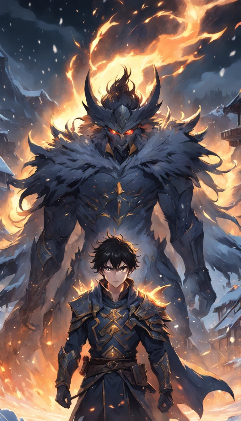An epic scene where, in the middle of a destroyed and cold village, covered in dense snow, the protagonist, a young man with dark hair and glowing golden eyes, bruised by the confrontation, awakens the power of fire