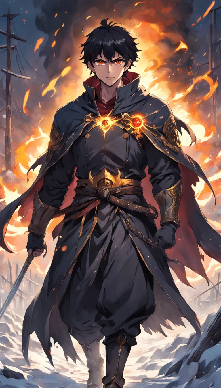 An epic scene where, in the middle of a destroyed and cold village, covered in dense snow, the protagonist, a young man with dark hair and glowing golden eyes, bruised by the confrontation, awakens the power of fire