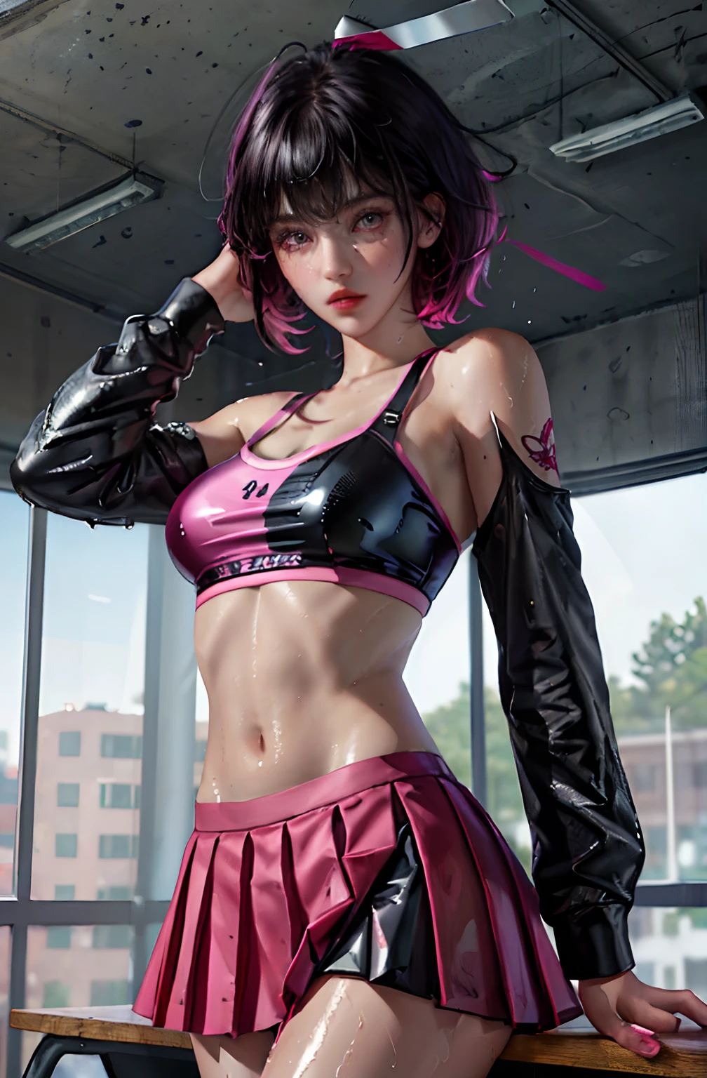 modelshoot style, (masterpiece:1.3), (absurdres:1.3), (best quality:1.3), (8K), (large masterpiece digital art), (detailed manga illustration), (handled hair), perfect anatomy, (intricate details:1.3), (ultra-detailed:1.3), (illustration:1.3), (sharp focus:1.3), (vivid colors:1.3), 1girl, solo, azki, idol, (short hair:1), hair between eyes, multicolored hair, (two-tone hair, pink hair, black hair), purple eyes, floating hair, leaning back, (sweat, sweatdrops), (wet, wet clothes, wet hair, glossy), (shy, embarassed, blush), cheerleader, crop top, skirt, miniskirt, indoors, (classroom, school desk, school chair, window)