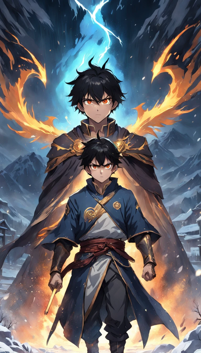 An epic scene where, in the middle of a destroyed and cold village, covered in dense snow, the protagonist, a young man with dark hair and glowing golden eyes, bruised by the confrontation, awakens the power of fire