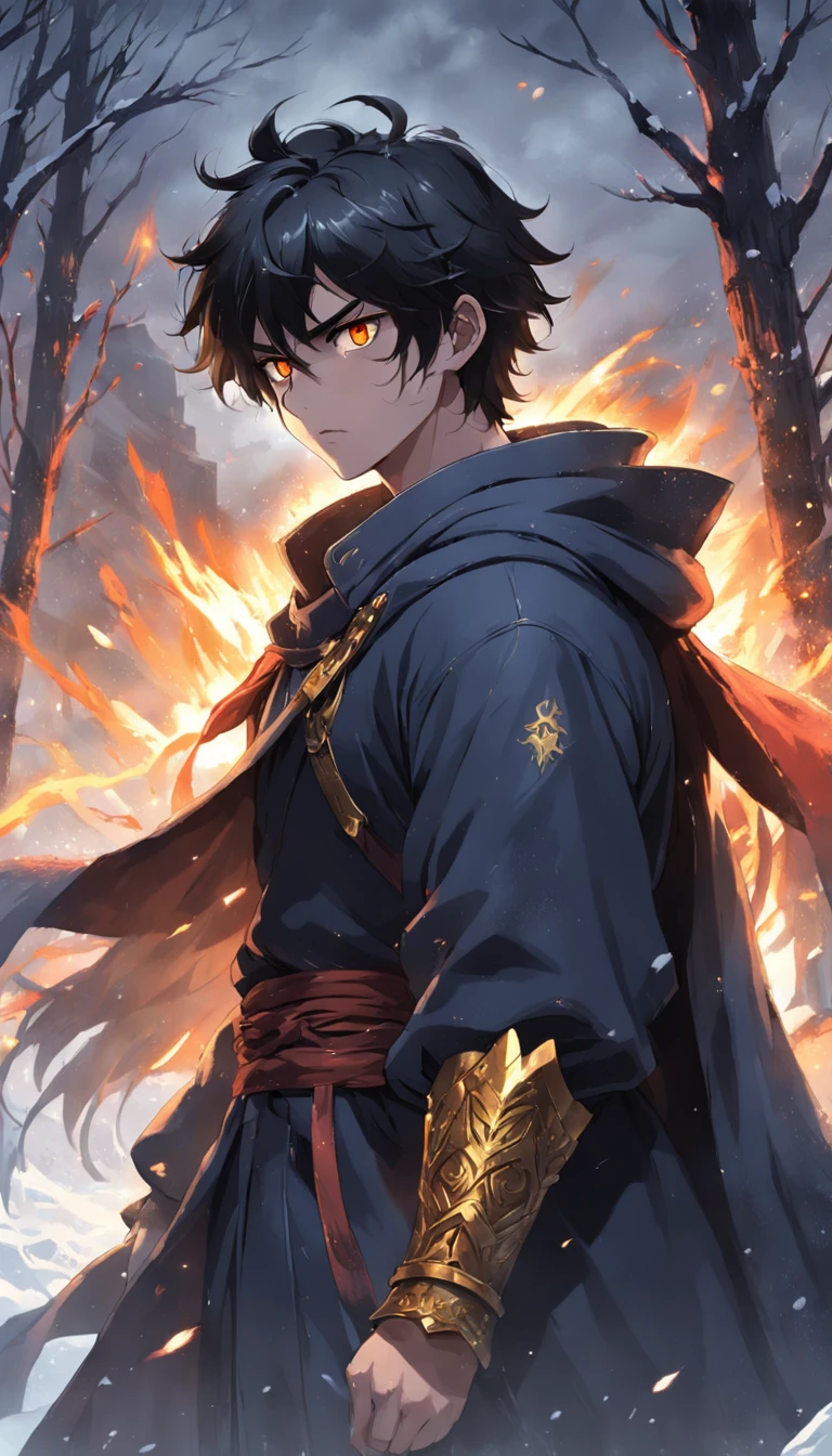 An epic scene where, in the middle of a destroyed and cold village, covered in dense snow, the protagonist, a young man with dark hair and glowing golden eyes, bruised by the confrontation, awakens the power of fire