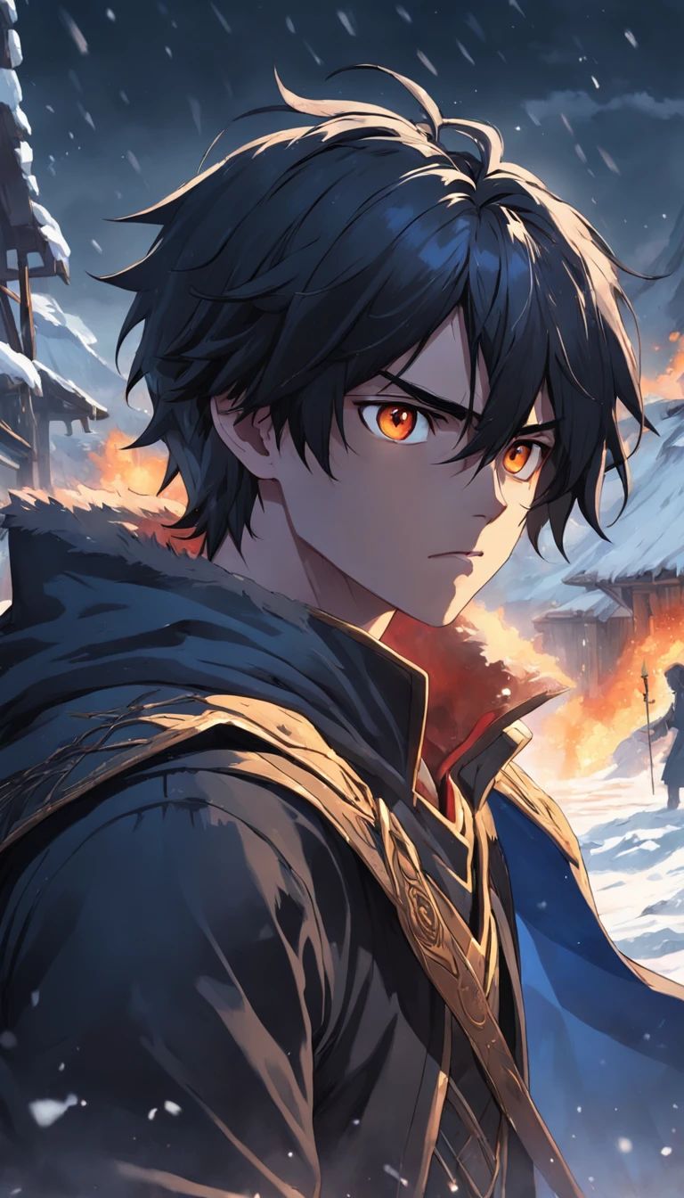 An epic scene where, in the middle of a destroyed and cold village, covered in dense snow, the protagonist, a young man with dark hair and glowing golden eyes, bruised by the confrontation, awakens the power of fire