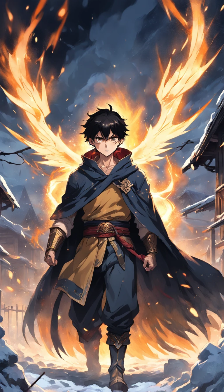 An epic scene where, in the middle of a destroyed and cold village, covered in dense snow, the protagonist, a young man with dark hair and glowing golden eyes, bruised by the confrontation, awakens the power of fire