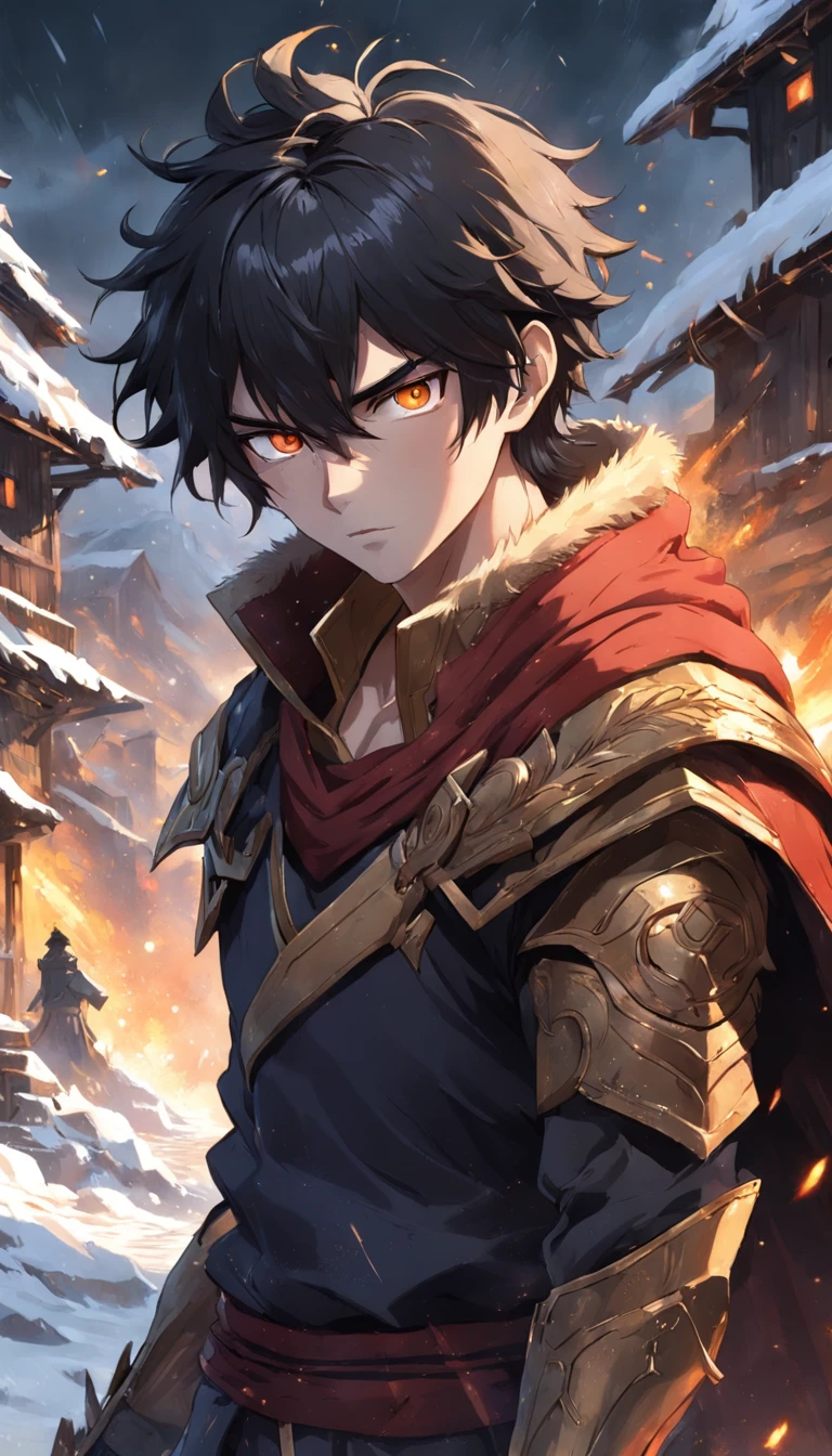 An epic scene where, in the middle of a destroyed and cold village, covered in dense snow, the protagonist, a young man with dark hair and glowing golden eyes, bruised by the confrontation, awakens the power of fire