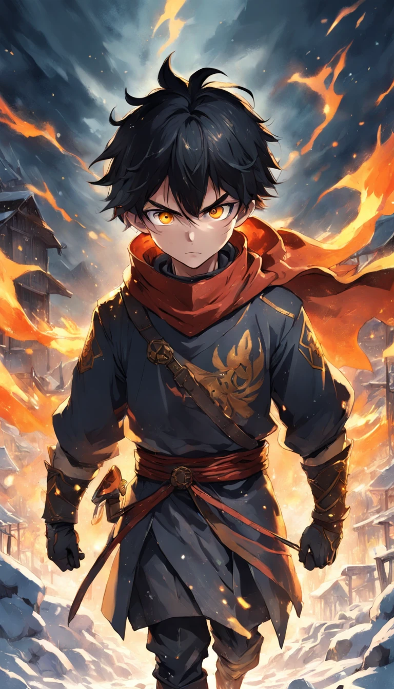 An epic scene where, in the middle of a destroyed and cold village, covered in dense snow, the protagonist, a young man with dark hair and glowing golden eyes, bruised by the confrontation, awakens the power of fire