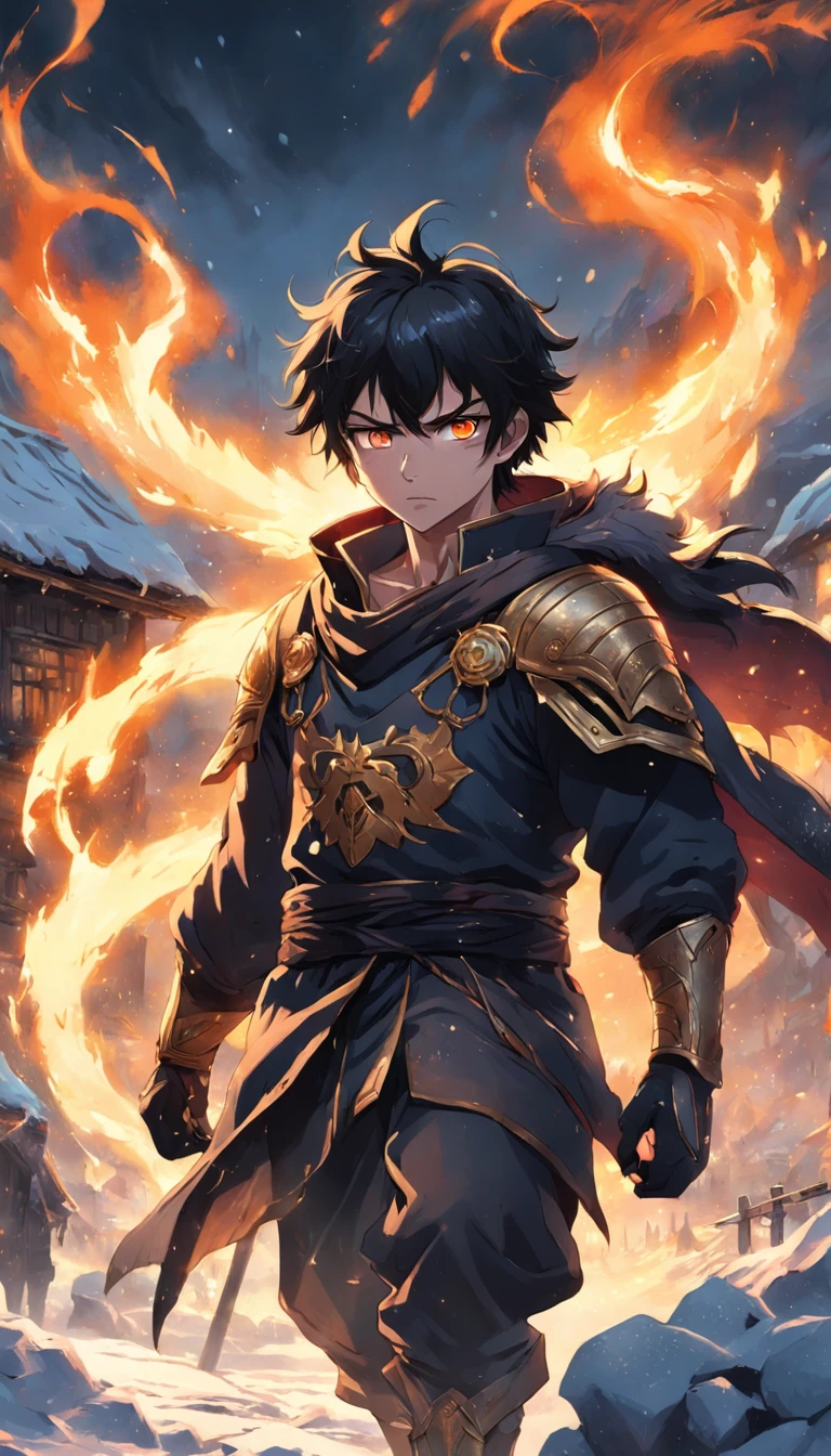 An epic scene where, in the middle of a destroyed and cold village, covered in dense snow, the protagonist, a young man with dark hair and glowing golden eyes, bruised by the confrontation, awakens the power of fire