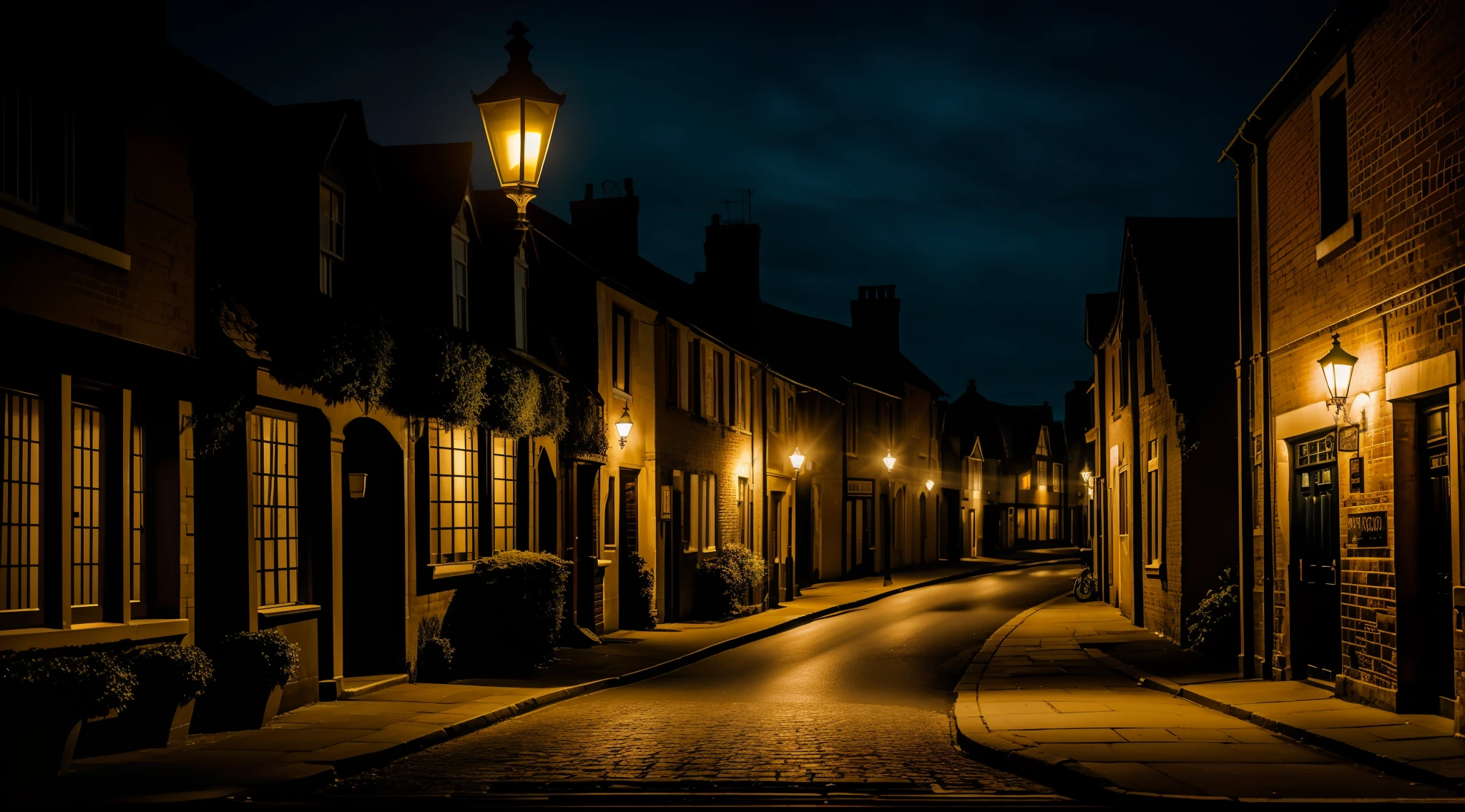 Create a picture of a shady street at night in the town of Valford. Highlight the old architecture of the buildings and the dim lighting of the street lamps. It captures the atmosphere of mystery and restlessness that permeates the city.