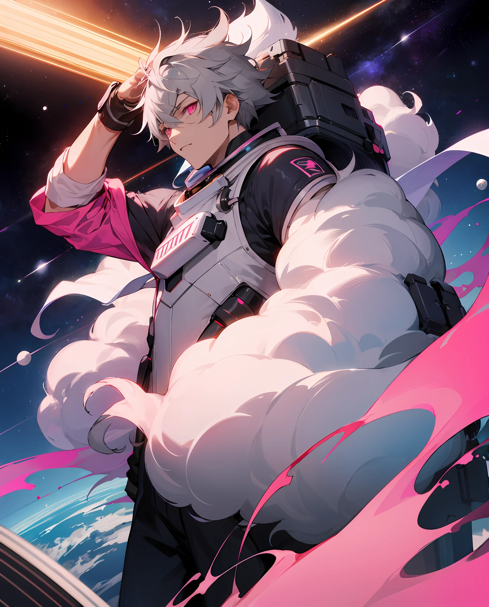1 boy, gray hair, pink eyes, space, station, boss, clothing with elements of fluffy, reference
