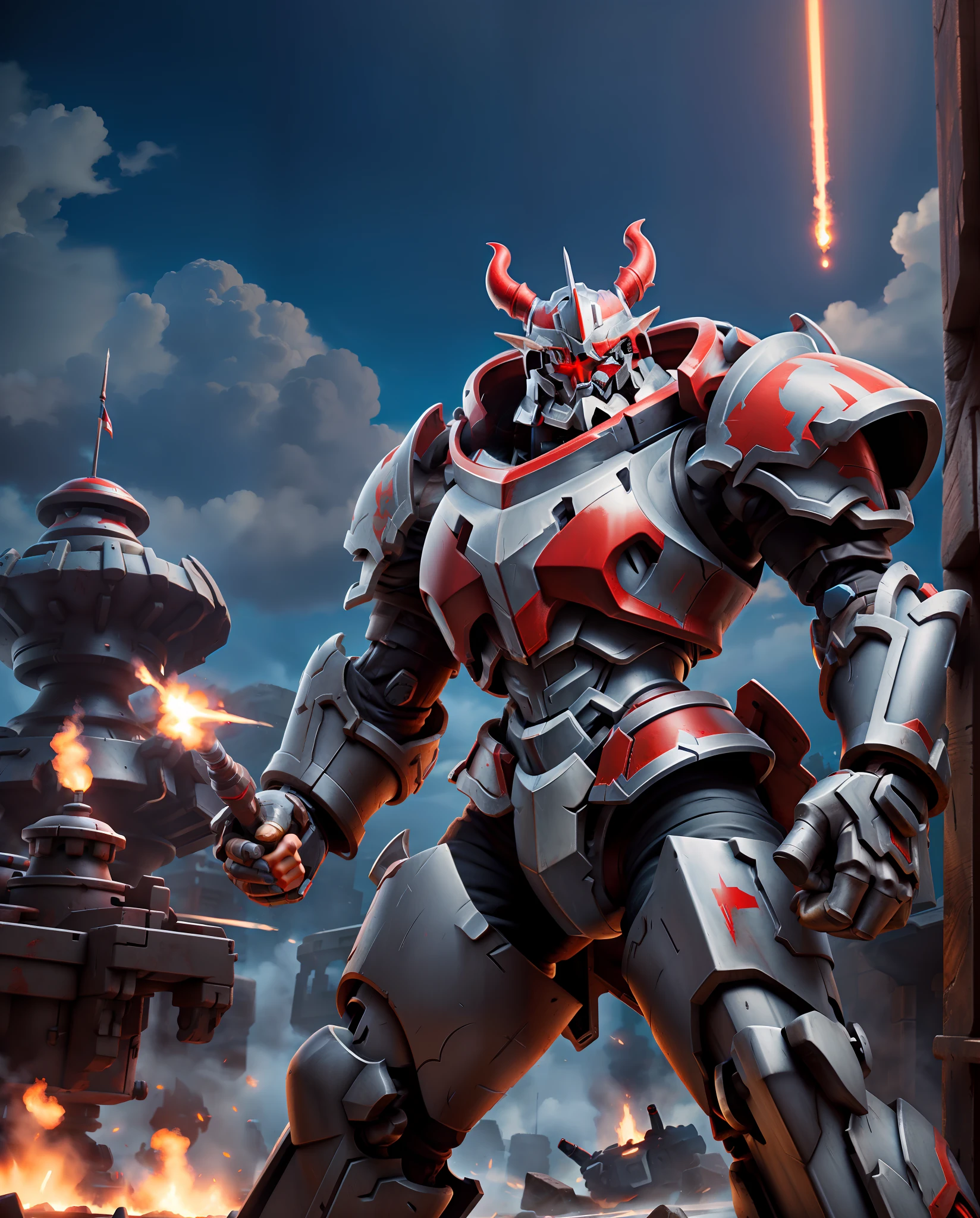 elf, heavy armored, mech, cannons, red and silver, Masterpiece, Best Quality