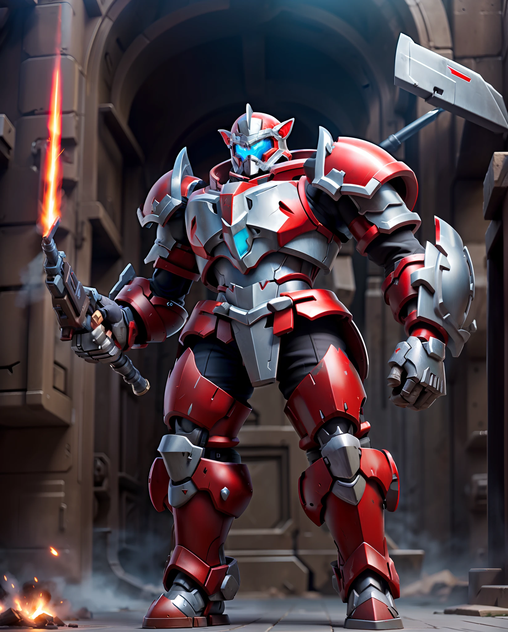 elf, heavy armored, mech, cannons, red and silver, Masterpiece, Best Quality