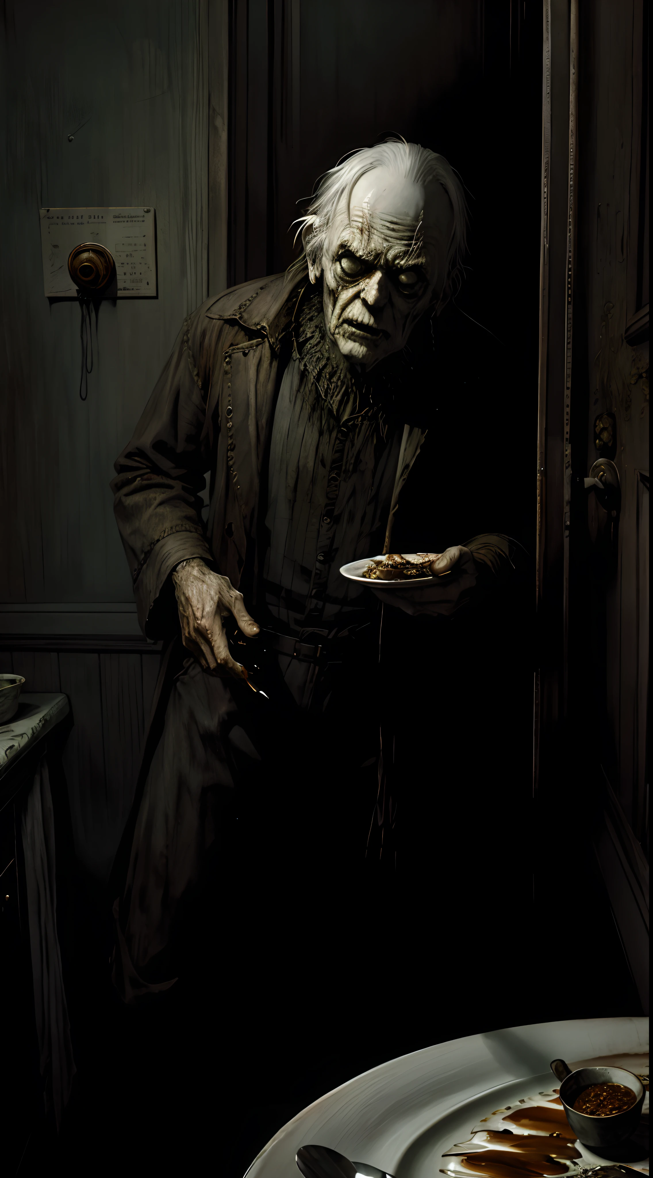 " Something On Plate, Painting by Beksinsky, Bernie Wrightson, Trending on ArtStation, horrorporn film, creepypasta"