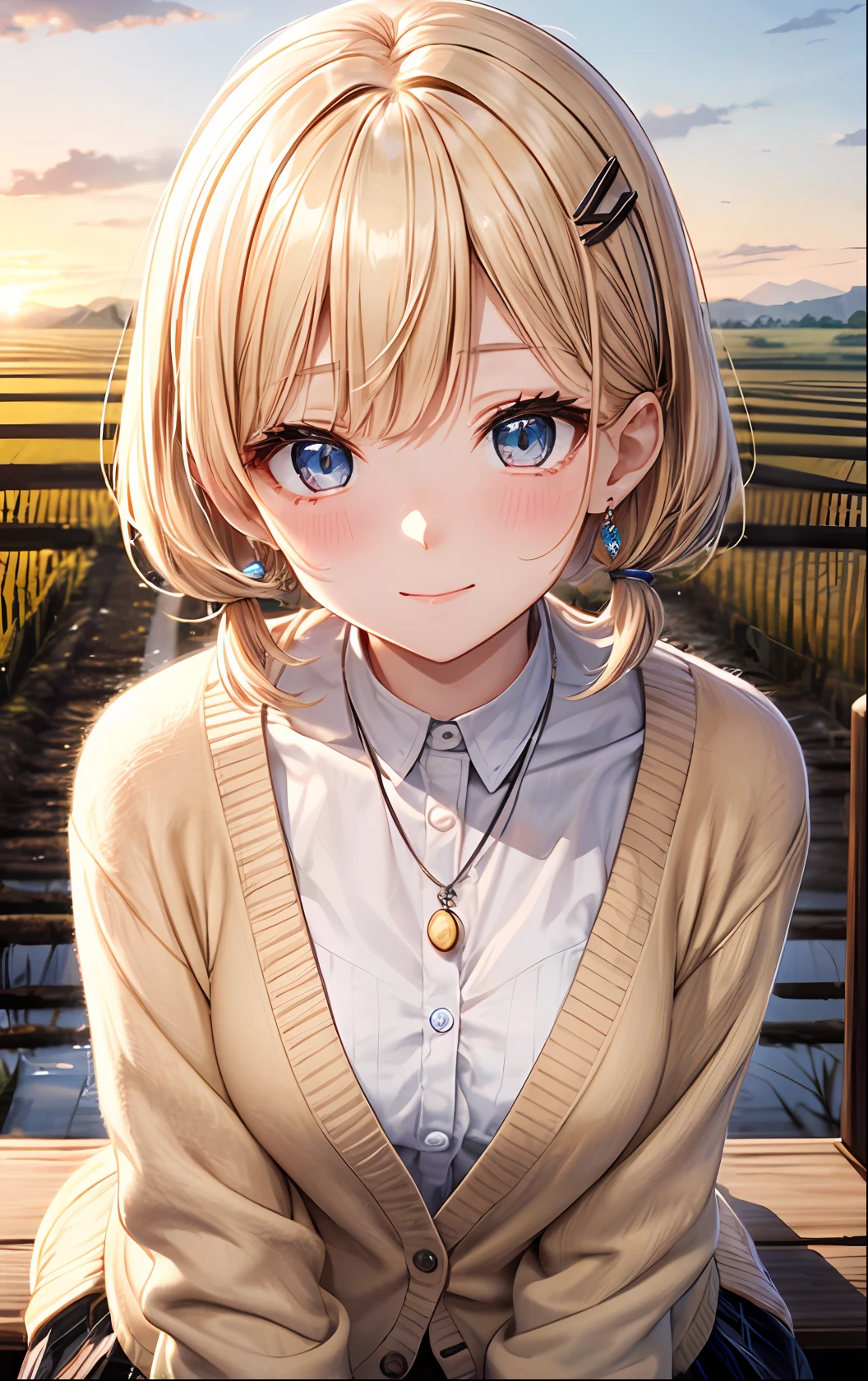 absurderes, (独奏:1.5,)ultra-detailliert,bright colour, extremely beautiful detailed anime face and eyes, view straight on, ;D, shiny_skin,25 years old, Short hair, , asymmetrical bangs, Blonde hair with short twin tails, Shiny hair, Delicate beautiful face, red blush、(Blue eyes), White skin, hair clips, earrings,Brown cardigan、White inner、Black loafers、Argyle check skirt、Blushing、Aimei、early evening、Lots of rice fields、Big sunset、Orange view、Small necklace、
