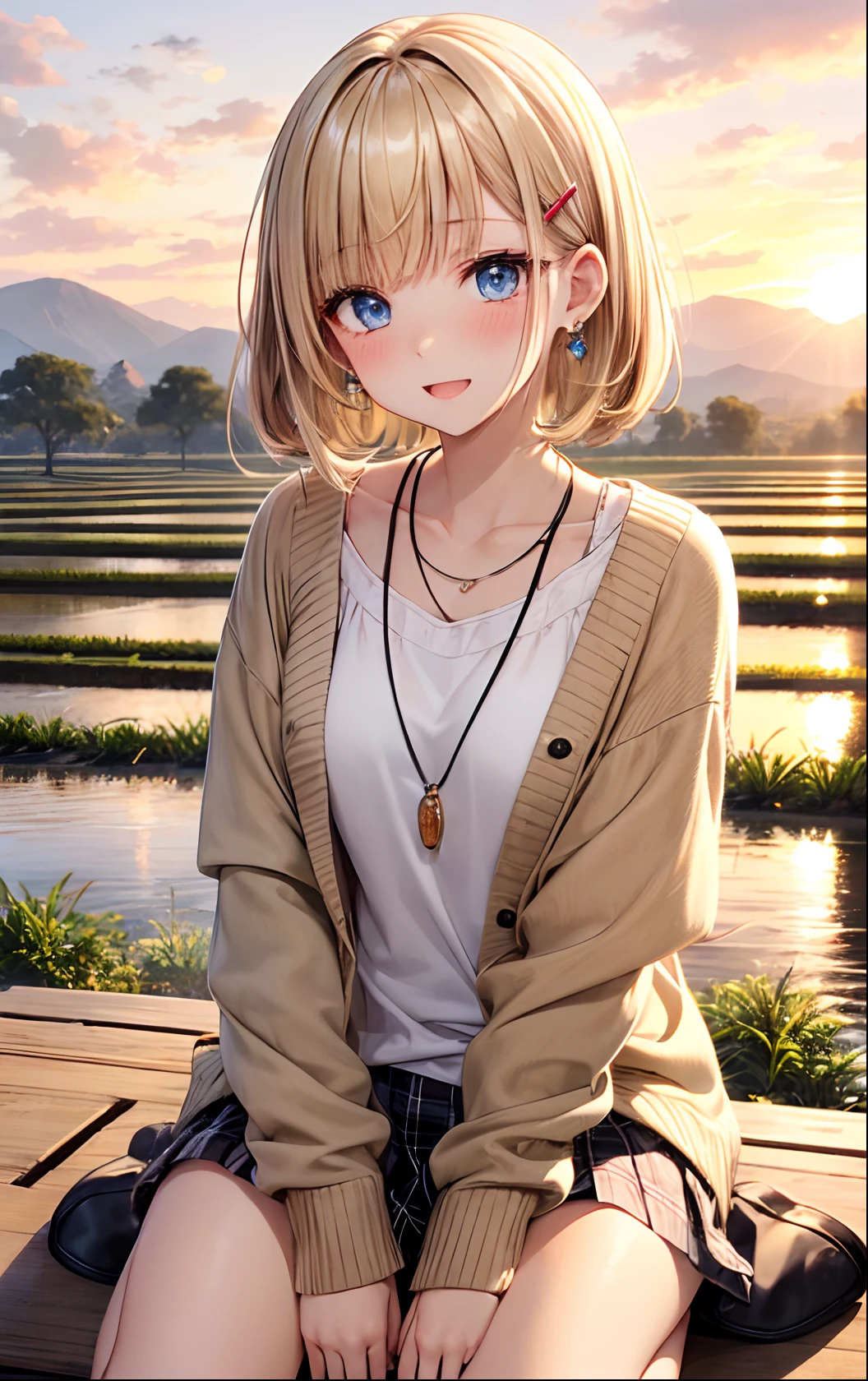 absurderes, (独奏:1.5,)ultra-detailliert,bright colour, extremely beautiful detailed anime face and eyes, view straight on, ;D, shiny_skin,25 years old, Short hair, , asymmetrical bangs, Blonde hair with short twin tails, Shiny hair, Delicate beautiful face, red blush、(Blue eyes), White skin, hair clips, earrings,Brown cardigan、White inner、Black loafers、Argyle check skirt、Blushing、Aimei、early evening、Lots of rice fields、Big sunset、Orange view、Small necklace、