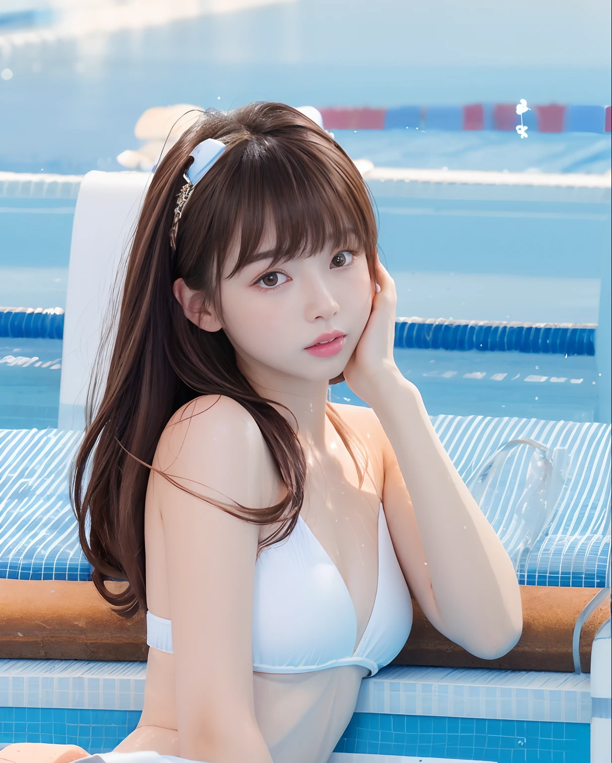 best qualtiy、Photorealsitic、8k、hight resolution、 1 人、femele、(Dents in the skin)、(portlate:0.6)、a gorgeous、((Poolside background:1.8))、((small round breasts))、Direct View Viewer:1.8、(One Girl Eyes Looking at Viewer、medium lenght hair、Brown hair、Parted bangs:1.65)、Photorealsitic、(Bokeh)、(a closed mouth:1.46)、a gorgeous、pureerosface_v1、((fullnude))