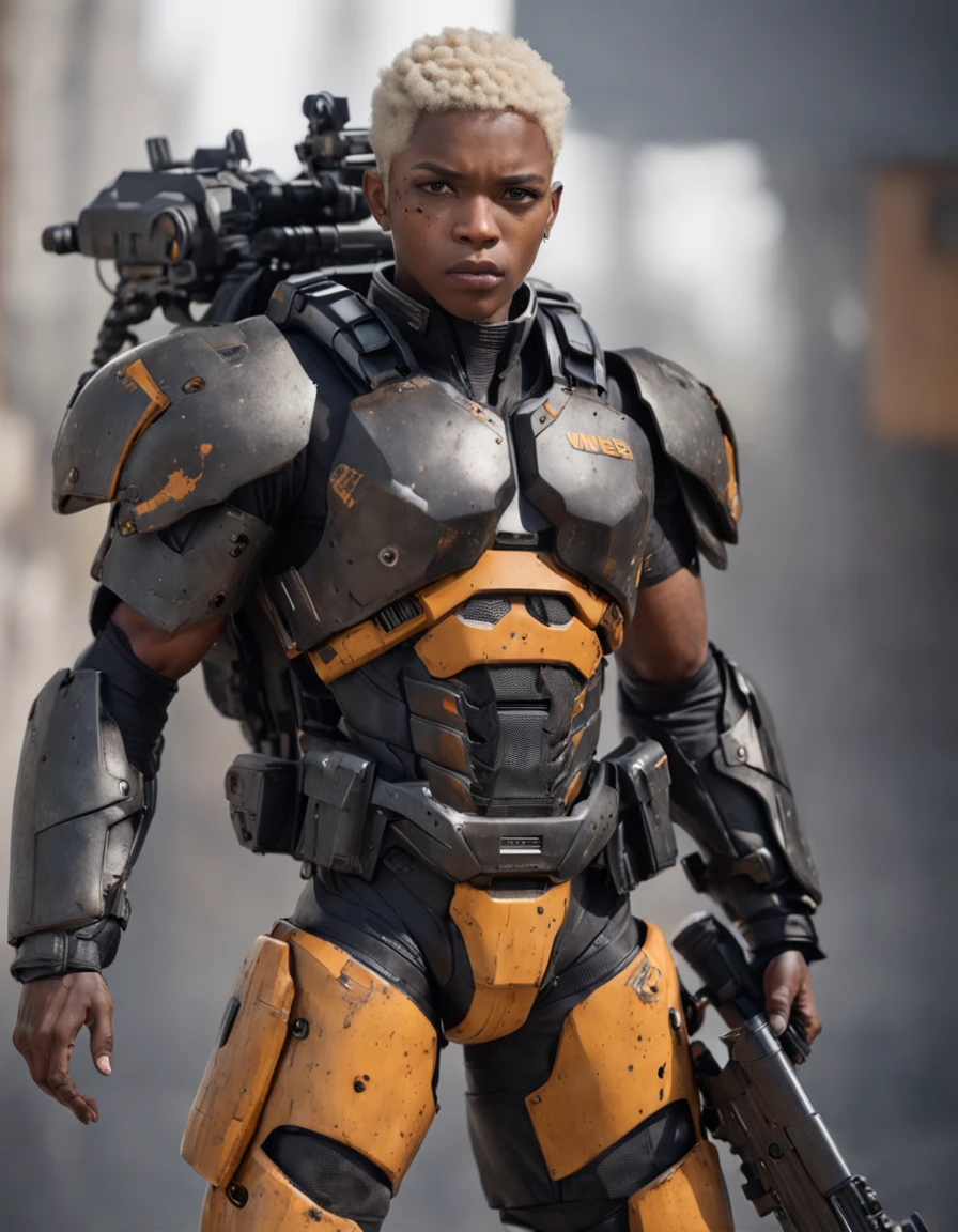 REALISTIC ANIME STYLE, JAPANESE ANIME, REAL ANIME, RAGE UNLEASHED, ANGRY, african american man cyborg soldier with chainsaw, BLONDE SHORT KINKY HAIR, glowing YELLOW eyes, CHAINSAW, heavy mecha armor, cybernetic, cyberpunk LUMBERJACK SHIRT, on planet venus, wasteland, apocalypse, barren venus planet, cinematic, volume lighting