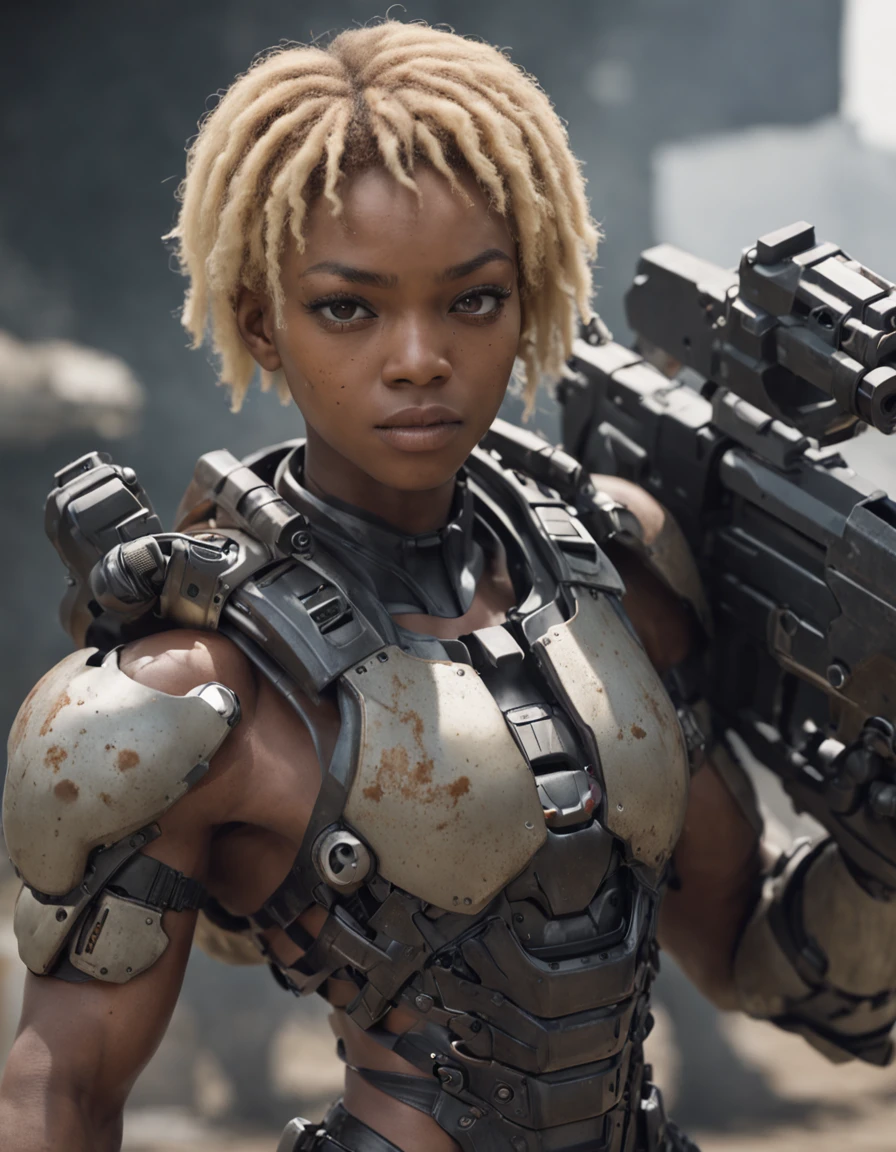 REALISTIC ANIME STYLE, JAPANESE ANIME, REAL ANIME, RAGE UNLEASHED, ANGRY, african american man cyborg soldier with chainsaw, BLONDE SHORT KINKY HAIR, glowing YELLOW eyes, CHAINSAW, heavy mecha armor, cybernetic, cyberpunk LUMBERJACK SHIRT, on planet venus, wasteland, apocalypse, barren venus planet, cinematic, volume lighting