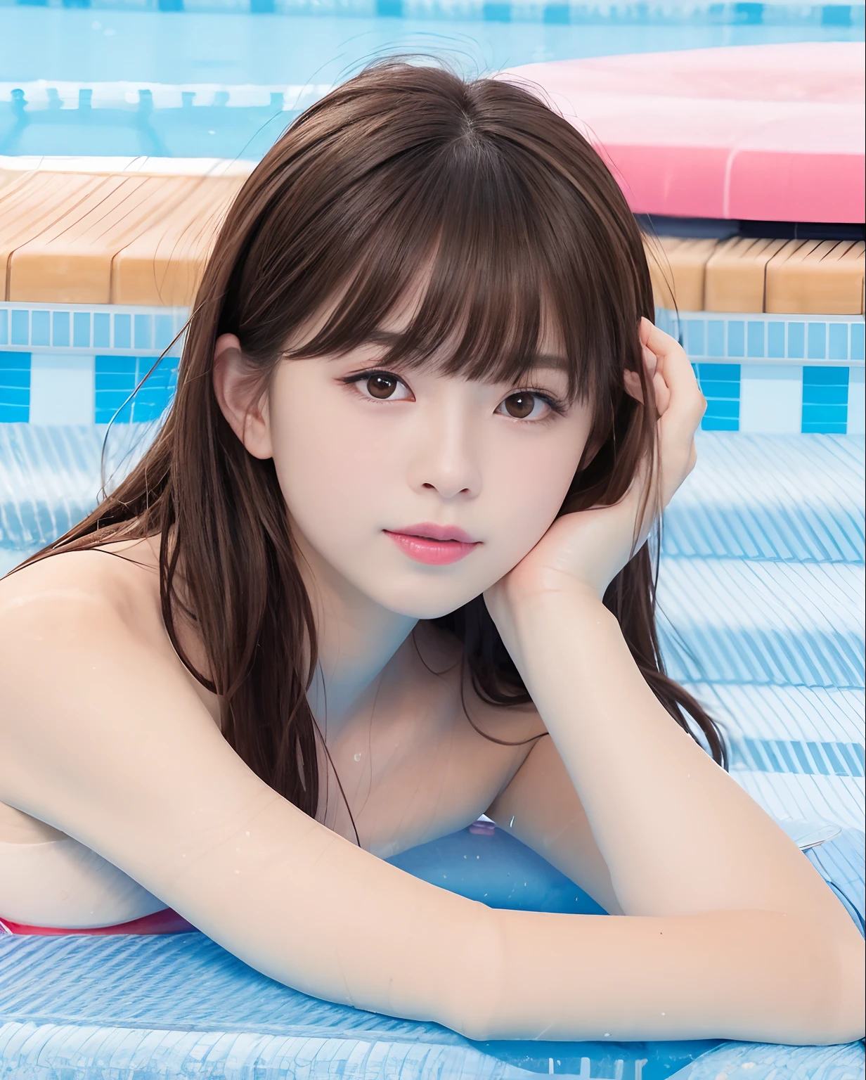 best qualtiy、Photorealsitic、8k、hight resolution、*** 1 人、femele、(Dents in the skin)、(portlate:0.6)、a gorgeous、((Poolside background:1.8))、((small round breasts))、Direct View Viewer:1.8、(One Girl Eyes Looking at Viewer、medium lenght hair、Brown hair、Parted bangs:1.65)、Photorealsitic、(Bokeh)、(a closed mouth:1.46)、a gorgeous、pureerosface_v1、((fullnude))