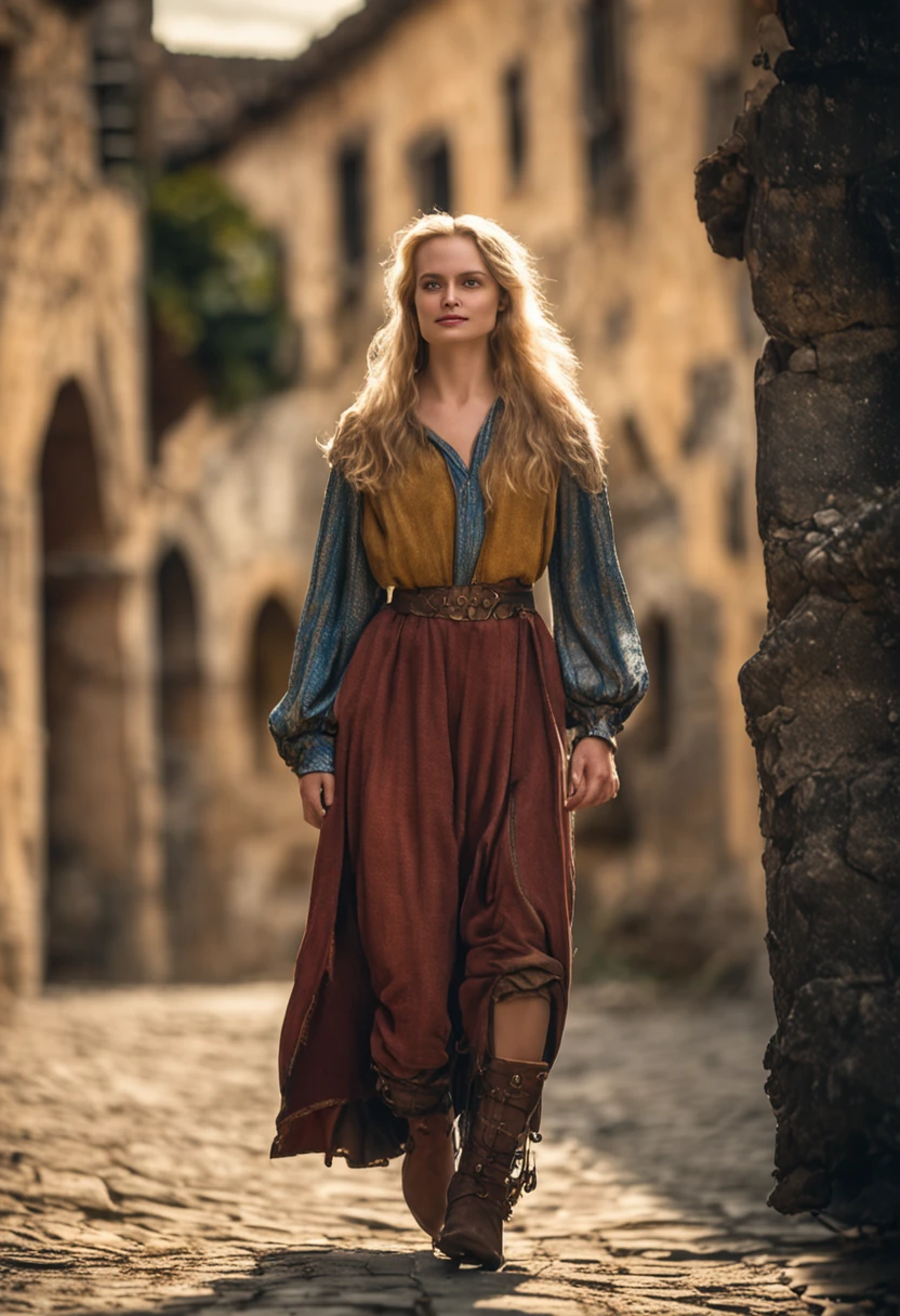Portrait photography, photo like Margot Robbie as 20 year old medieval woman, very young teenager, stylish look, rebellious, long golden blonde hair, slightly crazy wide smile, bags under eyes, troublemaking, outgoing, mischievous behavior, expression Cunning, medieval fantasy acrobat cloth costumes In a medieval fantasy city, colors are expertly captured by the Nikon D850 and Nikon AF-S NIKKOR. 70-200mm f/2.8E FL ED VR lens, fantasy, historical