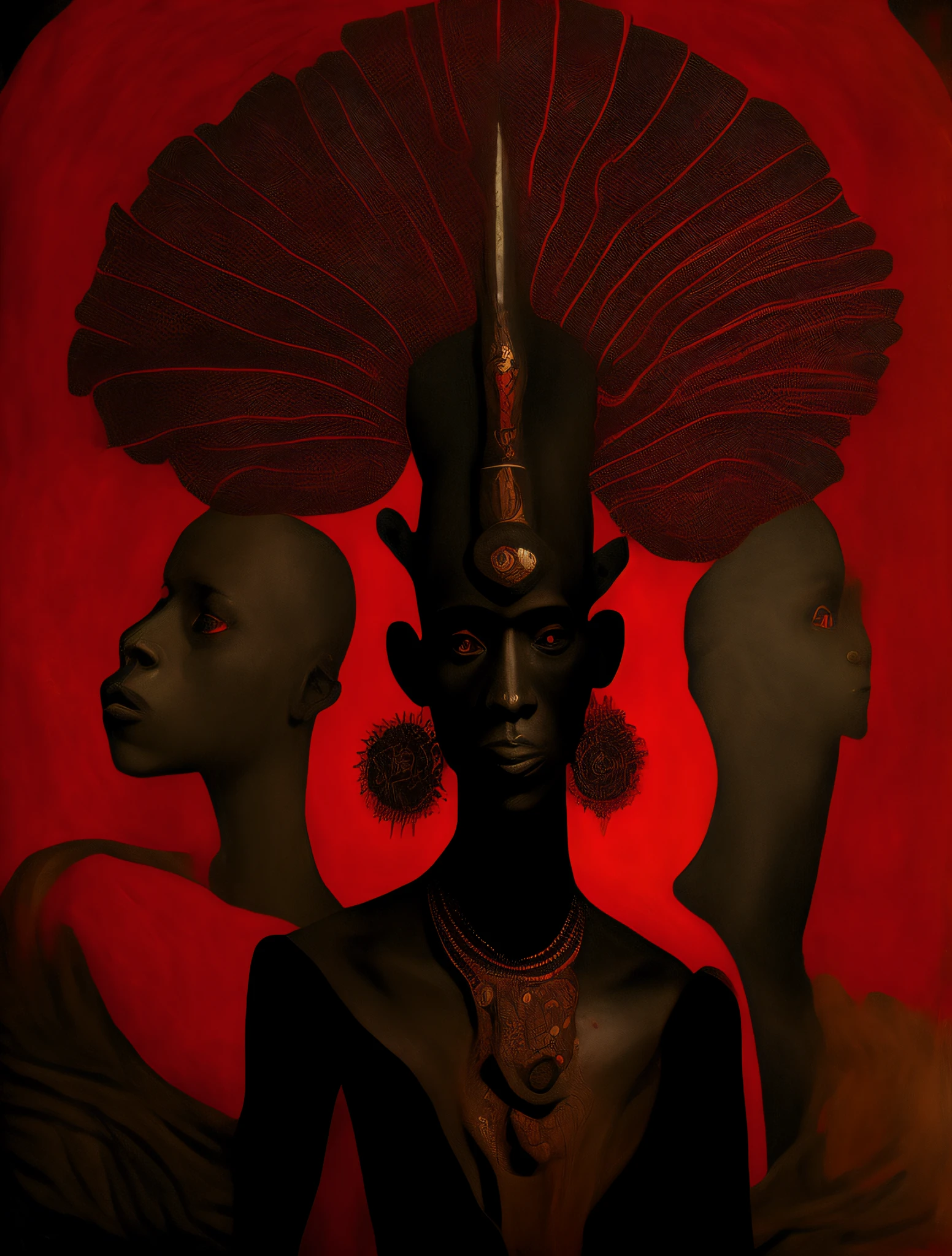 Exu the African Orisha, homem forte, Orisha of harmony between the spirits and men of the earth,Cores vermelho e preto, mensageiro, vestindo um ade detalhado e intrincado,hideous, wry look, cosmic god,Pablo Picasso, Guernica,Obra Guernica Astrofotografia