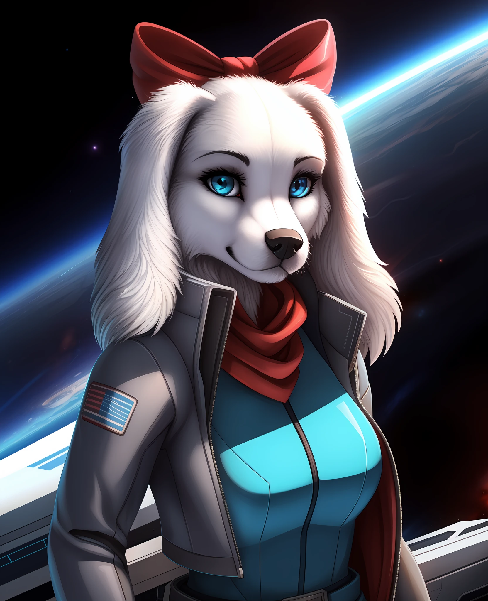 fayspaniel, furry female anthro, portrait, close-up, red bow, aqua jumpsuit, cropped jacket, grey jacket, red scarf, belt, solo, (body fur:1.2), (best quality), (detailed space jet background:1.2), dramatic lighting, (detailed fluffy fur:1.1), looking at viewer,  medium breasts,  white ears,