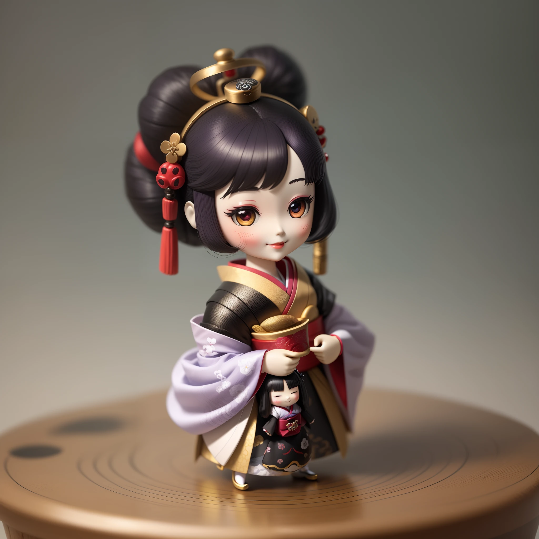 A small anime doll, Depiction of geisha, Inside the blind box, Place on a small pedestal, On a clean white background, Artificial light lighting. The artwork is of top-notch photographic quality, Capture every intricate detail of anime dolls.purpleish color,ssmile
