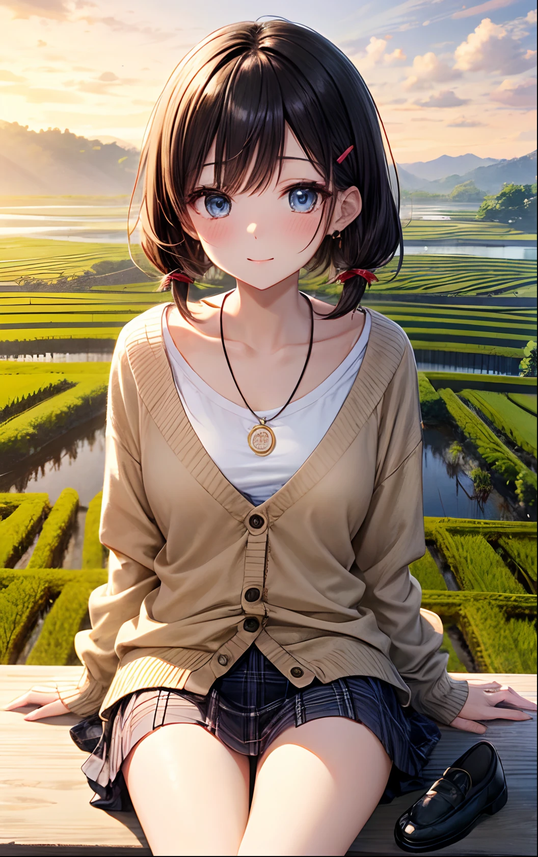 absurderes, (独奏:1.5,)ultra-detailliert,bright colour, extremely beautiful detailed anime face and eyes, view straight on, ;D, shiny_skin,25 years old, Short hair, , asymmetrical bangs, Blonde hair with short twin tails, Shiny hair, Delicate beautiful face, red blush、(Blue eyes), White skin, hair clips, earrings,Brown cardigan、White inner、Black loafers、Argyle check skirt、Blushing、Aimei、early evening、Lots of rice fields、Big sunset、Orange view、Small necklace、