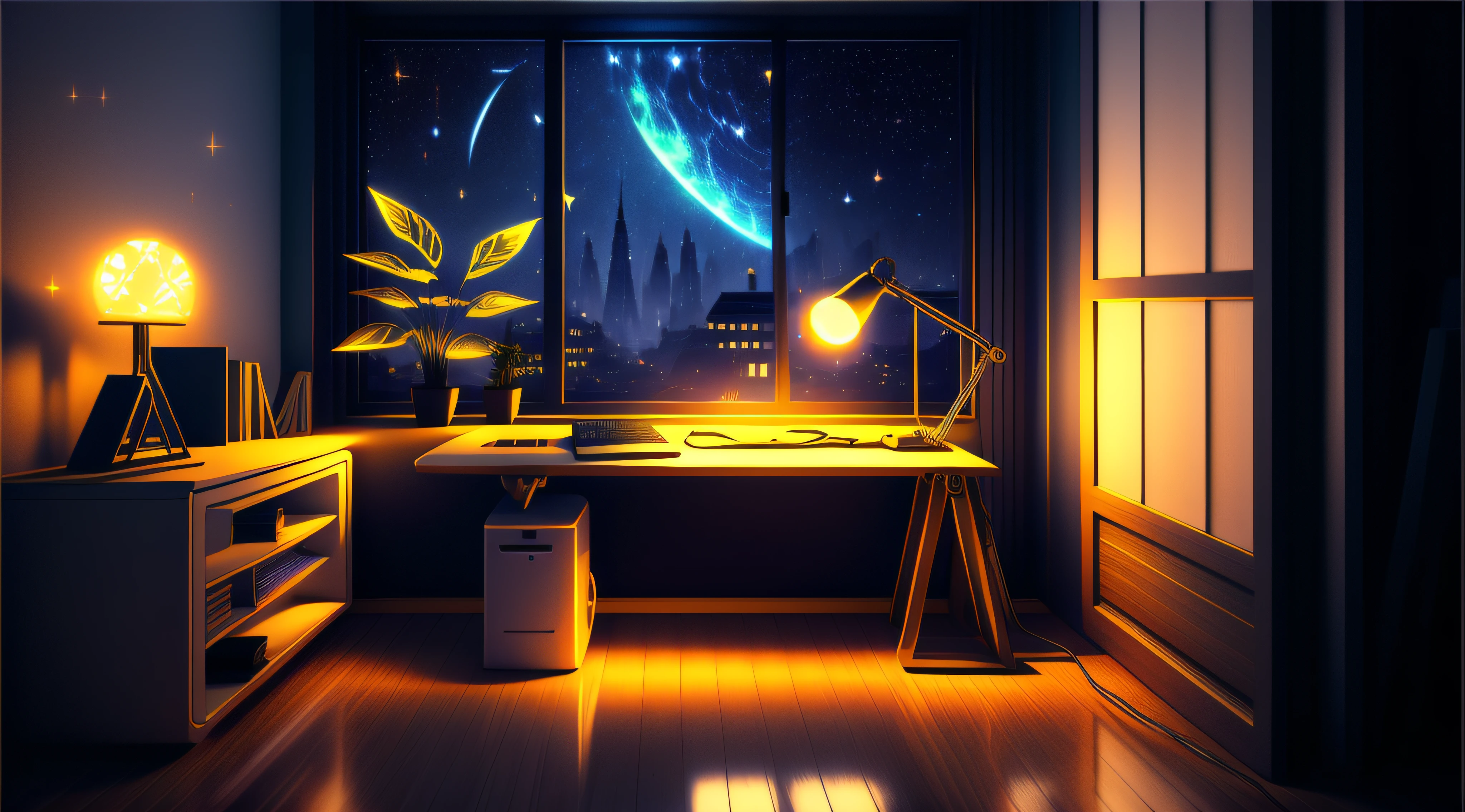 Warm Light Source Cyberpunk Calm Night Tech Bedroom Computer Desk Microphone Lamp Computer Water Dispenser Small Fluorescent Starry Sky Smooth Floor Fox Minimalism Deconstructivism Fragmentation Ornate Carvings Floor-to-ceiling windows Light