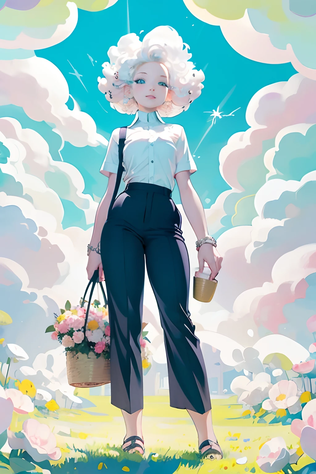 masterpiece, best quality, 1girl, short curly hair, platinum blonde hair, shirt, trousers, fluffy clouds, bright, vibrant, happy