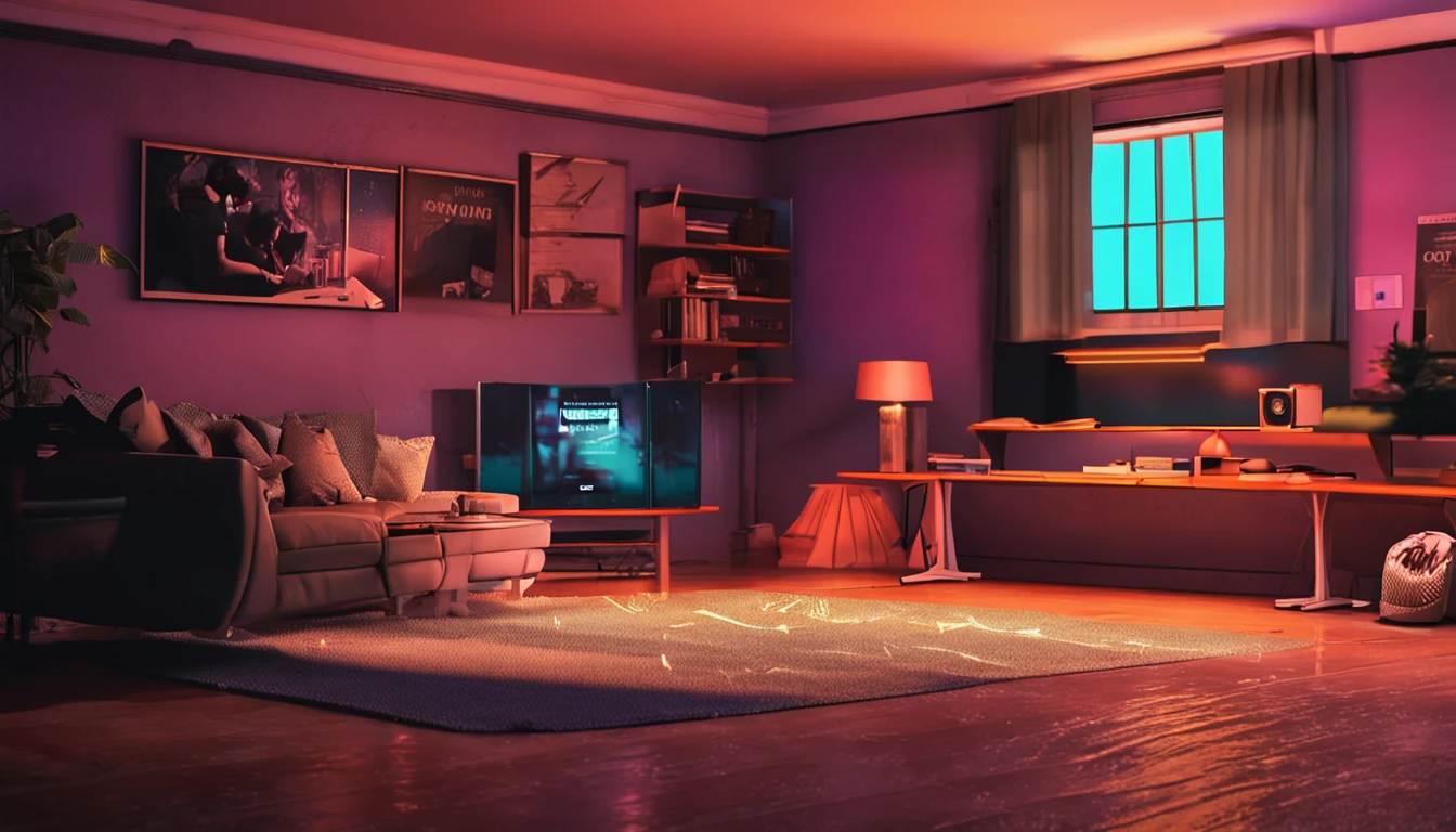 Create a cover for a dark video on YouTube, with a woman sitting in a living room of an apartment as if hypnotized in front of the television on illuminating her face, Put prison bars in front of the image and money falling very realistically