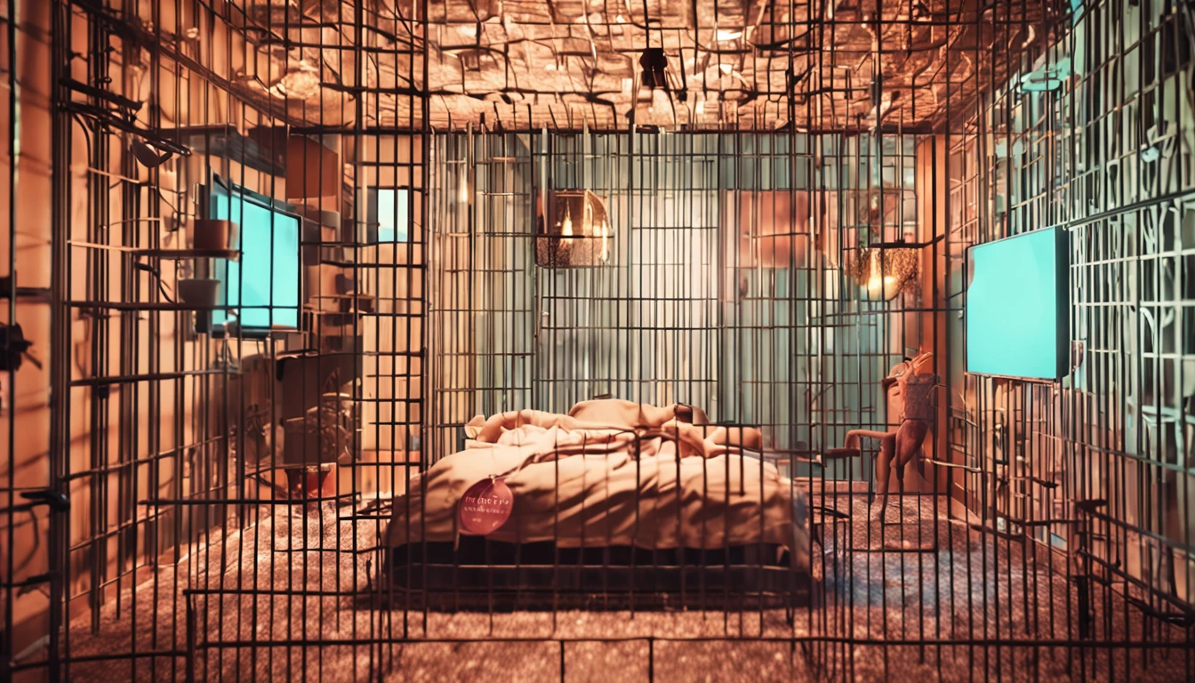 Create a cover for a dark video on YouTube, with a woman sitting in a living room of an apartment as if hypnotized in front of the television on illuminating her face, Put prison bars in front of the image and money falling very realistically