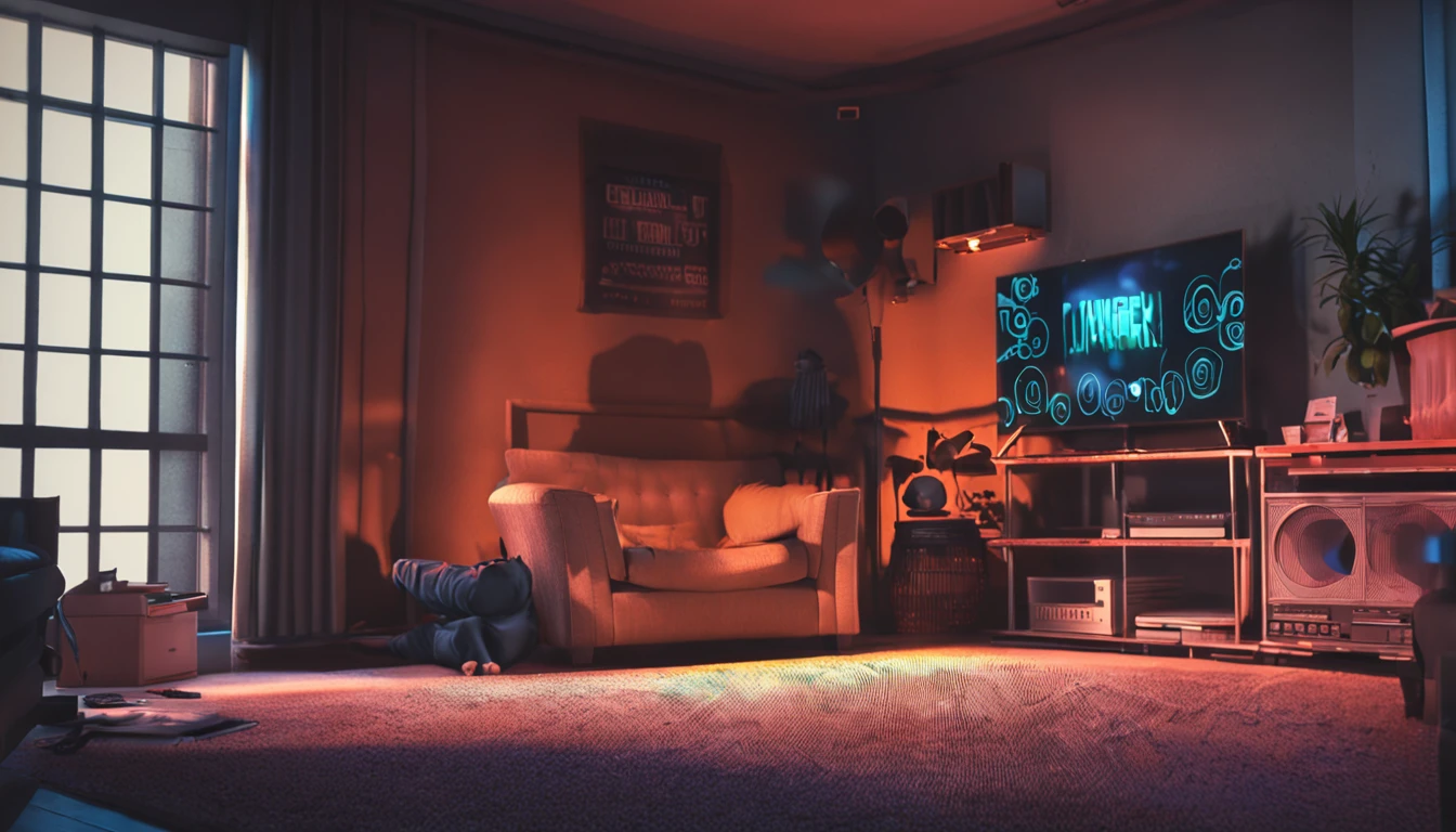 Create a cover for a dark video on YouTube, with a woman sitting in a living room of an apartment as if hypnotized in front of the television on illuminating her face, Put prison bars in front of the image and money falling very realistically