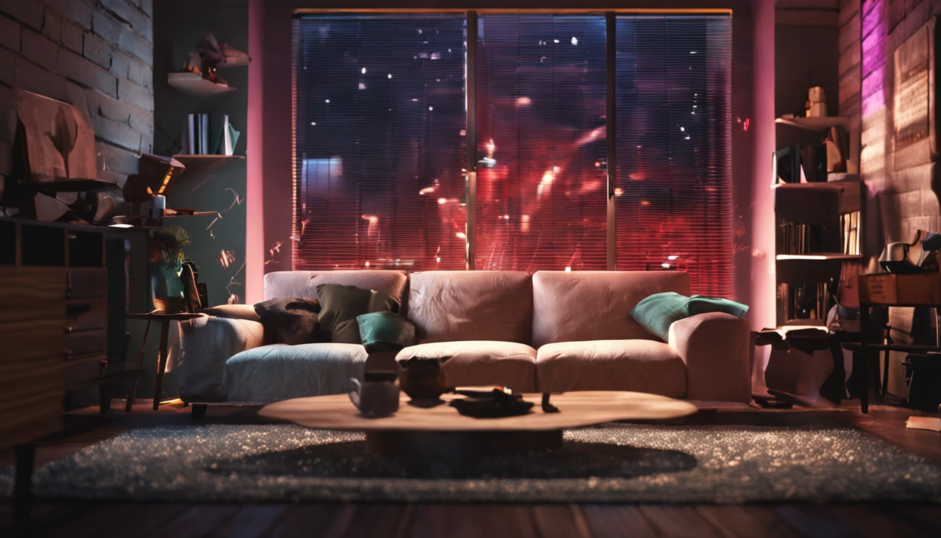 Create a cover for a dark video on YouTube, with a woman sitting in a living room of an apartment as if hypnotized in front of the television on illuminating her face, Put prison bars in front of the image and money falling very realistically