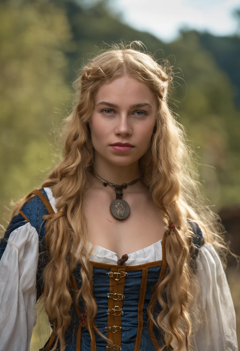 Portrait photography, photo of very attractive woman as 20-year-old medieval woman, very young teenager, stylish look, rebellious, bumpy face, long golden blonde hair, slightly crazy wide smile, bags under eyes, trouble maker, extrovert, mischievous behavior Dramatic, sly expression, medieval fantasy acrobat cloth costumes, set in a medieval fantasy city, colors are expertly captured by the Nikon D850 and Nikon AF-S NIKKOR. 70-200mm f/2.8E FL ED VR lens, fantasy, historical