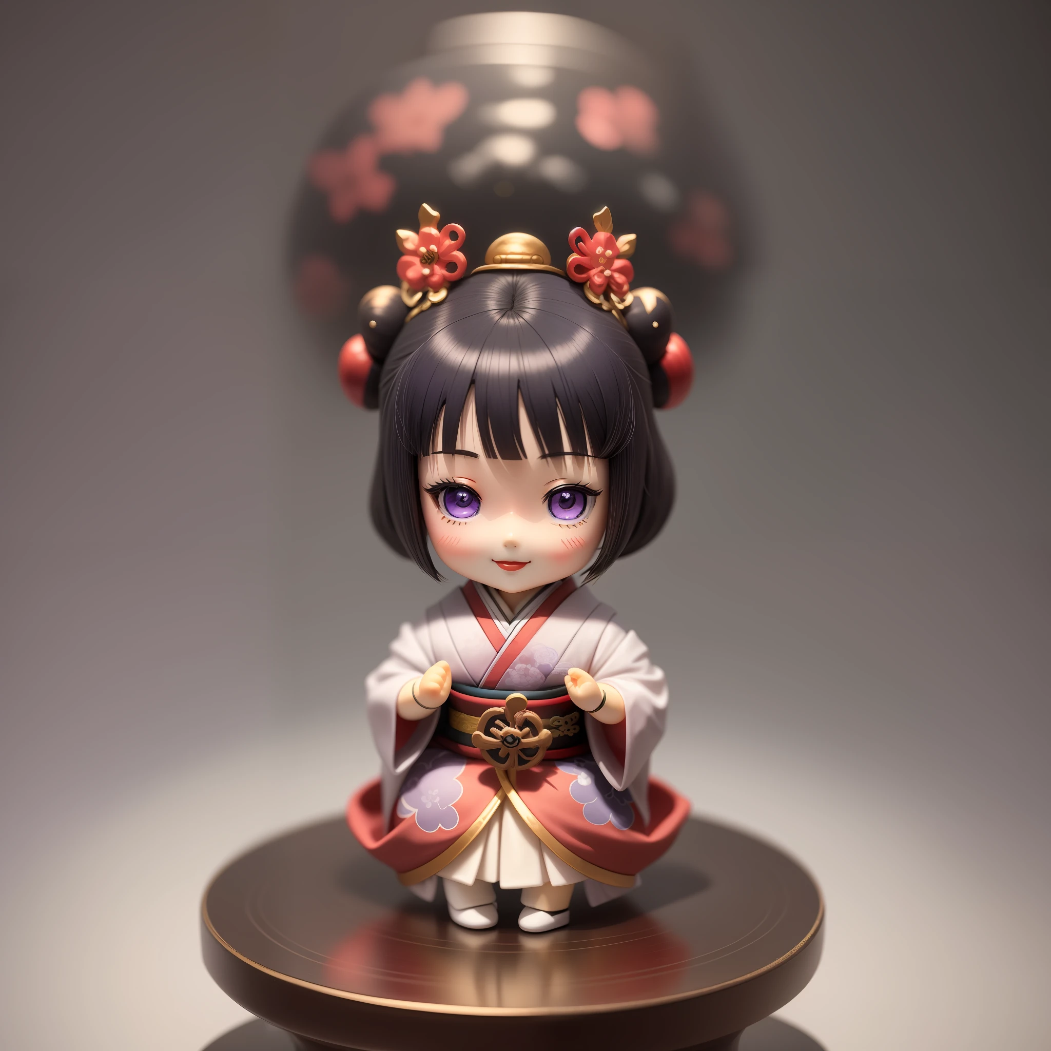 A small anime doll, Depiction of geisha, Inside the blind box, Place on a small pedestal, On a clean white background, Artificial light lighting. The artwork is of top-notch photographic quality, Capture every intricate detail of anime dolls.ssmile，purpleish color