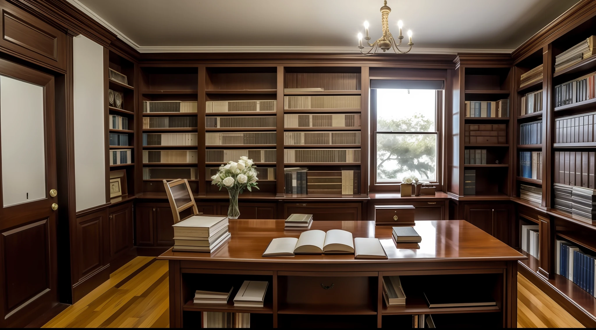 View the local historian's office, where the body is found. A cena deve ser meticulosamente organizada, with dusty books on the shelves and a white rose placed in the hands of the deceased. Convey a sense of disturbing calm and intrigue.