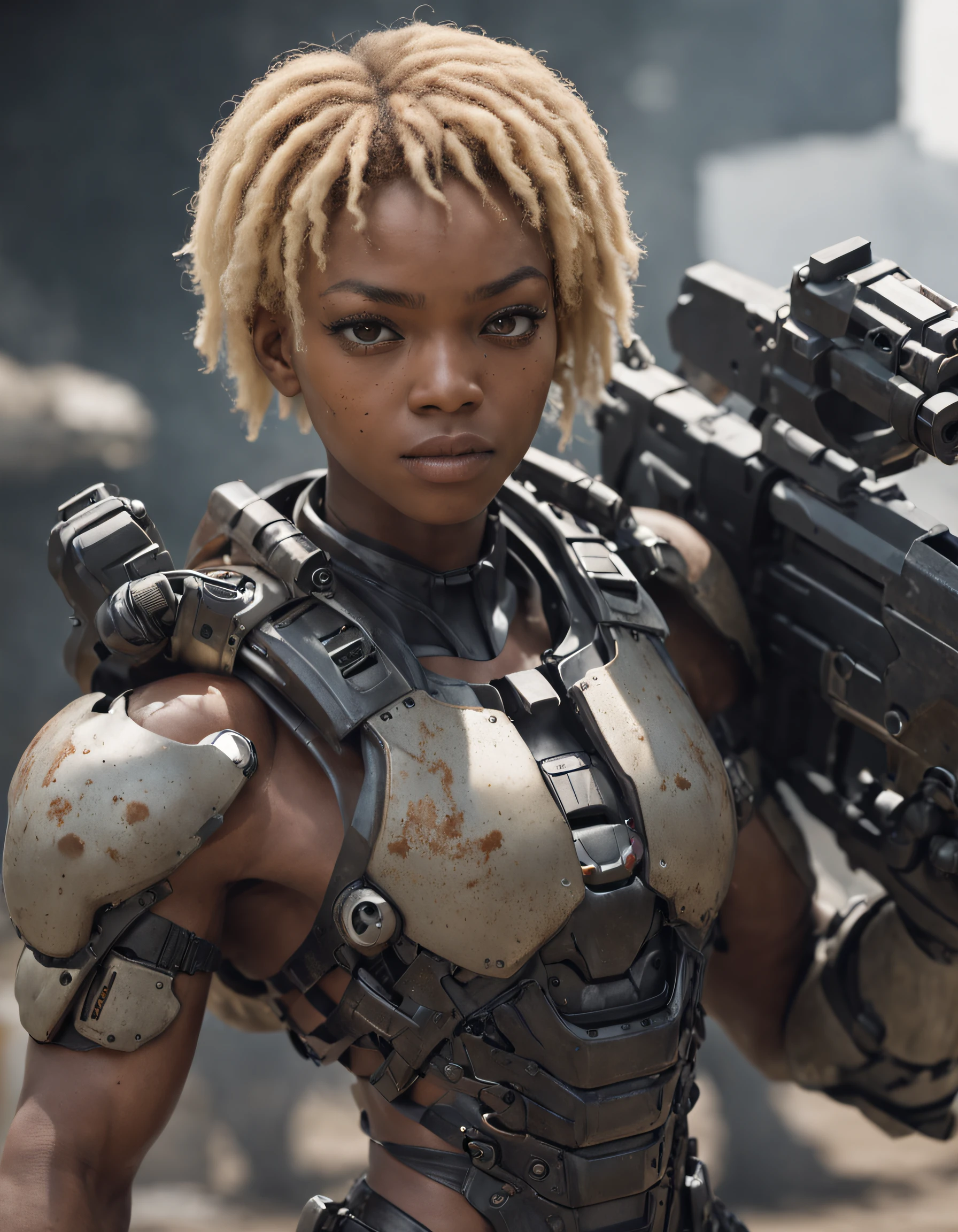 REALISTIC ANIME STYLE, JAPANESE ANIME, REAL ANIME, RAGE UNLEASHED, ANGRY, african american man cyborg soldier with chainsaw, BLONDE SHORT KINKY HAIR, glowing YELLOW eyes, CHAINSAW, heavy mecha armor, cybernetic, cyberpunk LUMBERJACK SHIRT, on planet venus, wasteland, apocalypse, barren venus planet, cinematic, volume lighting