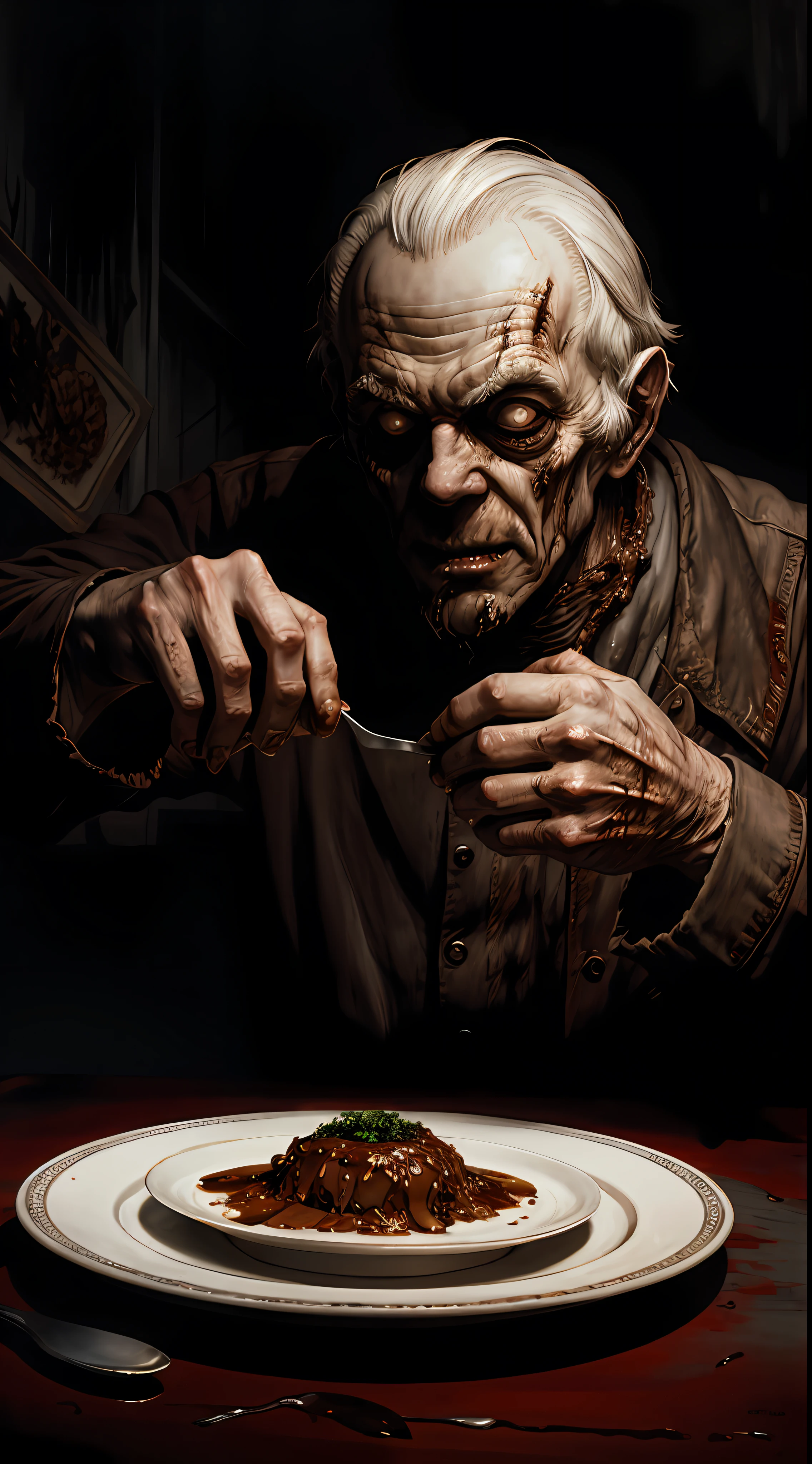 "  disgusting food On the plate, Painting by Beksinsky, Bernie Wrightson, Trending on ArtStation, horrorporn film, creepypasta"