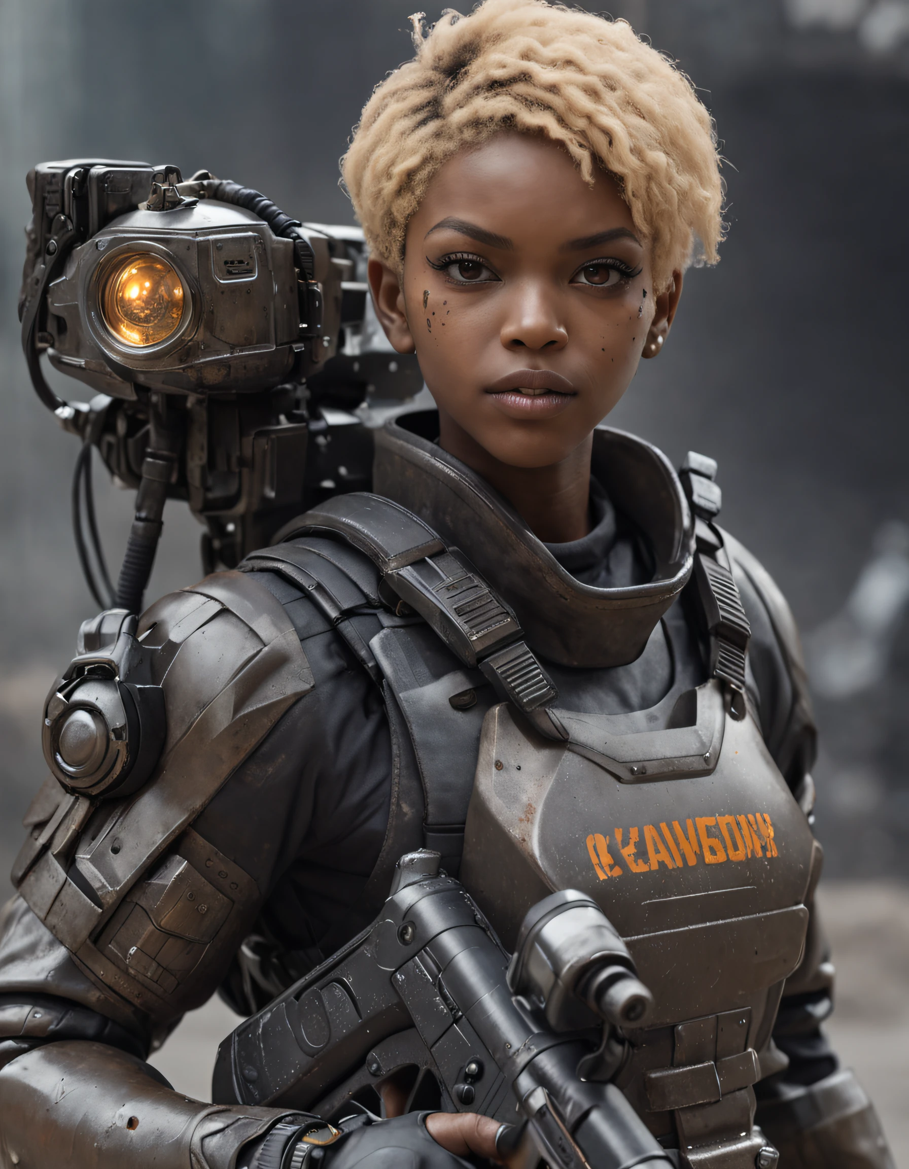 REALISTIC ANIME STYLE, JAPANESE ANIME, REAL ANIME, RAGE UNLEASHED, ANGRY, african american man cyborg soldier with chainsaw, BLONDE SHORT KINKY HAIR, glowing YELLOW eyes, CHAINSAW, heavy mecha armor, cybernetic, cyberpunk LUMBERJACK SHIRT, on planet venus, wasteland, apocalypse, barren venus planet, cinematic, volume lighting