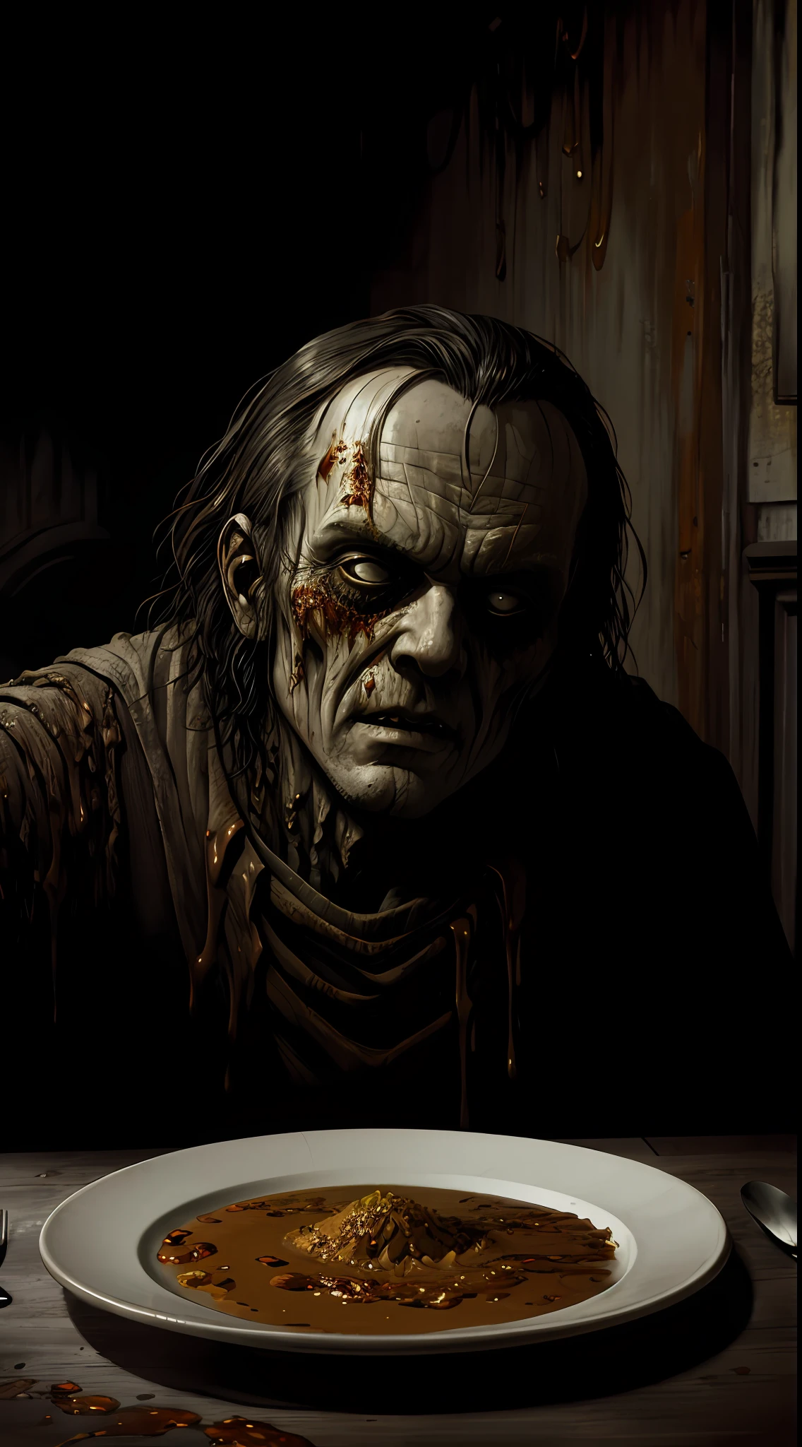 " vomit on a plate, Painting by Beksinsky, Bernie Wrightson, Trending on ArtStation, horrorporn film, creepypasta"
