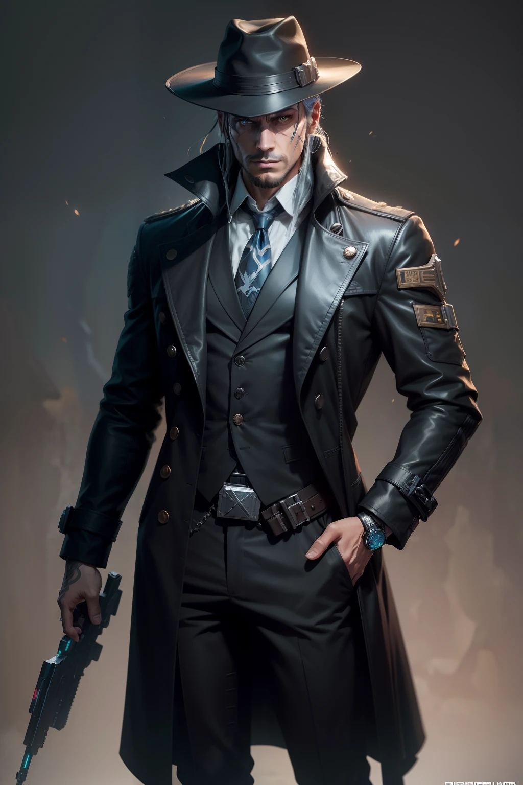 A man in a hat, Trench coat and Black Death doctor mask holding a pistol and syringe, personagem starfinder, epic scifi character art, arte do personagem cyberpunk, estilo de starfinder, Epic Sci-Fi Character Art, Epic Sci - Arte do Personagem de Fi:, senior concept artist, steel inquisitor from mistborn, conceito de personagem de videogame, Retrato completo de Electromancer, Science fiction character concept
