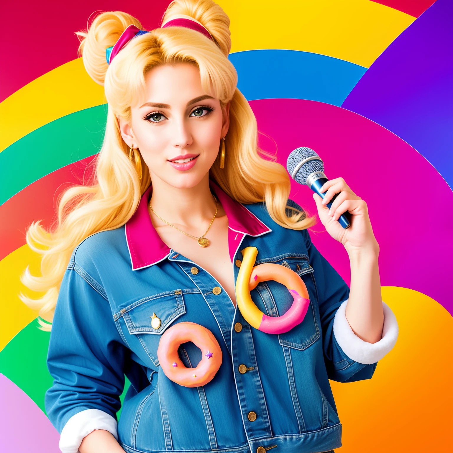 "(Mature and realistic portrayal:1.2) Sailor Moon exuding confidence as she holds a microphone, her blonde hair cascading down, adorned in stylish rainbow denim clothes from the 2000s, with a backdrop filled with donuts."