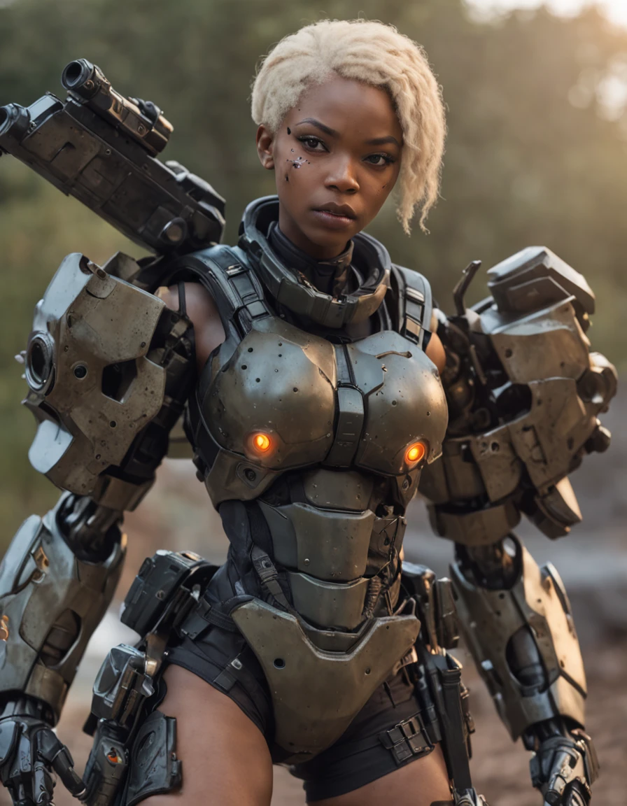 REALISTIC ANIME STYLE, JAPANESE ANIME, REAL ANIME, RAGE UNLEASHED, ANGRY, african american man cyborg soldier with chainsaw, BLONDE SHORT KINKY HAIR, glowing YELLOW eyes, CHAINSAW, heavy mecha armor, cybernetic, cyberpunk LUMBERJACK SHIRT, on planet venus, wasteland, apocalypse, barren venus planet, cinematic, volume lighting