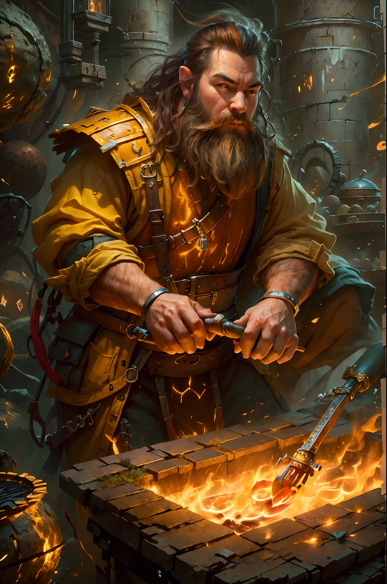 high details, best quality, 16k, RAW, [best detailed], masterpiece, best quality, (extremely detailed), full body, ultra wide shot, photorealistic, fantasy art fantasy_world, RPG art, D&D art, a picture of a dwarf working at his forge (besr details, Masterpiece, best quality), fantasy male dwarf (best details, Masterpiece, best quality), working his forge (best details, Masterpiece, best quality), brown hair, dynamic eyes color, ultra detailed face (best details, Masterpiece, best quality), long beard, brown beard, muscular arms, wearing smith apron, holding a hammer in hand, hammer has yellow magical runes, shining GlowingRunes_yello yellow runes (best details, Masterpiece, best quality), working the forge (best details, Masterpiece, best quality), fiery forge (best details, Masterpiece, best quality), crafting magical metalic sword, dwarven smithy and fiery orange forge background, fiery red and yellow and orange shadow and light of a fiery orange (best details, Masterpiece, best quality), High Detail, Ultra High Quality, High Resolution, 16K Resolution, Ultra HD Pictures, Ultra Realistic, Clear Details, Realistic Detail, Ultra High Definition